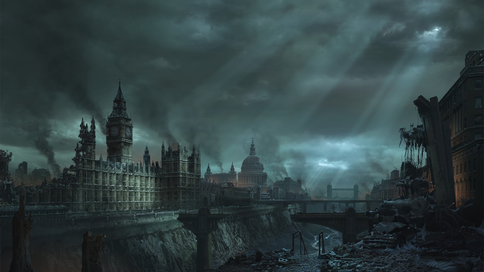 Apocalyptic London with Big Ben and St. Paul's Cathedral HD Wallpaper