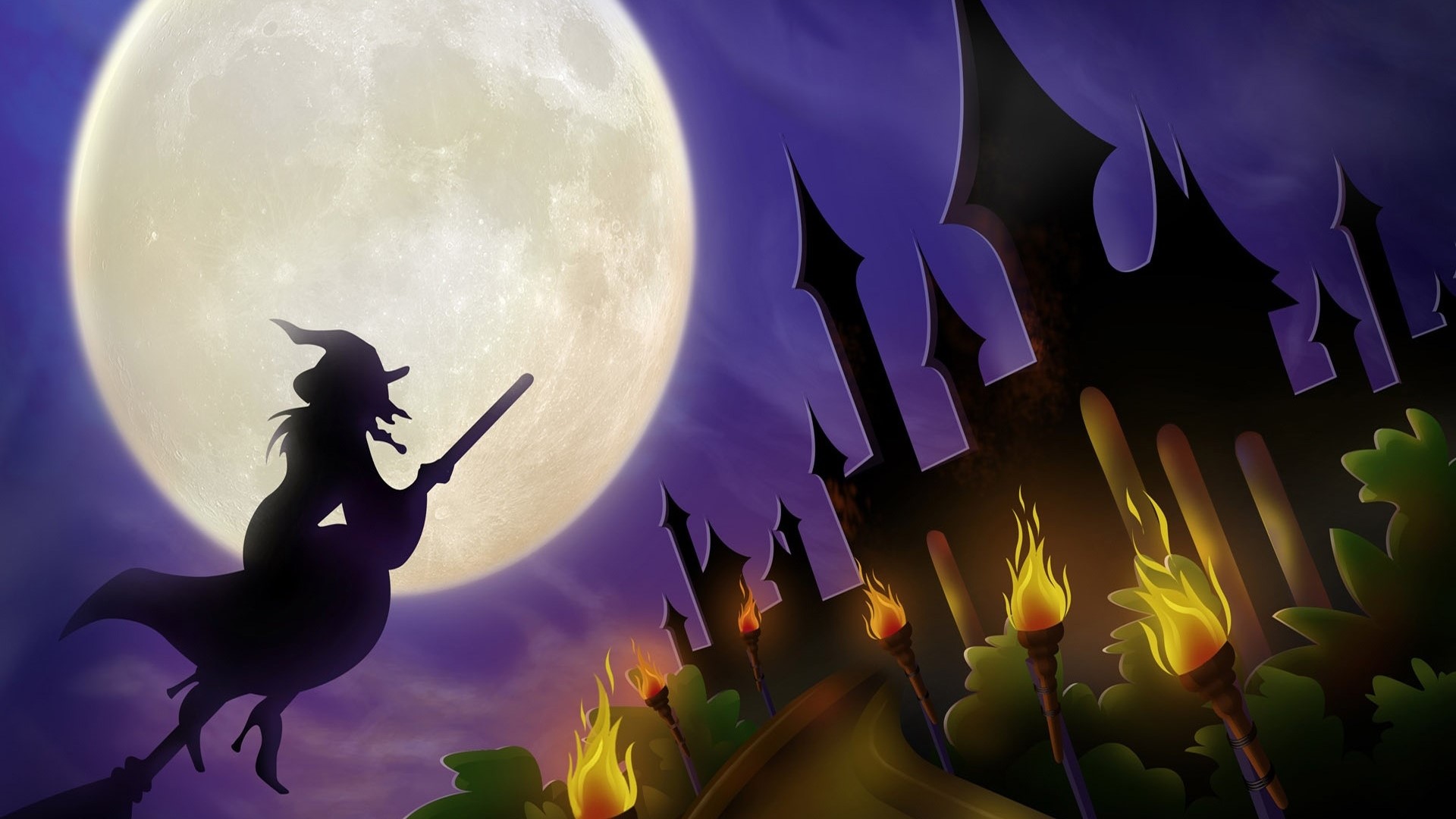 Halloween Witch flying in front of a full moon and castle HD Wallpaper