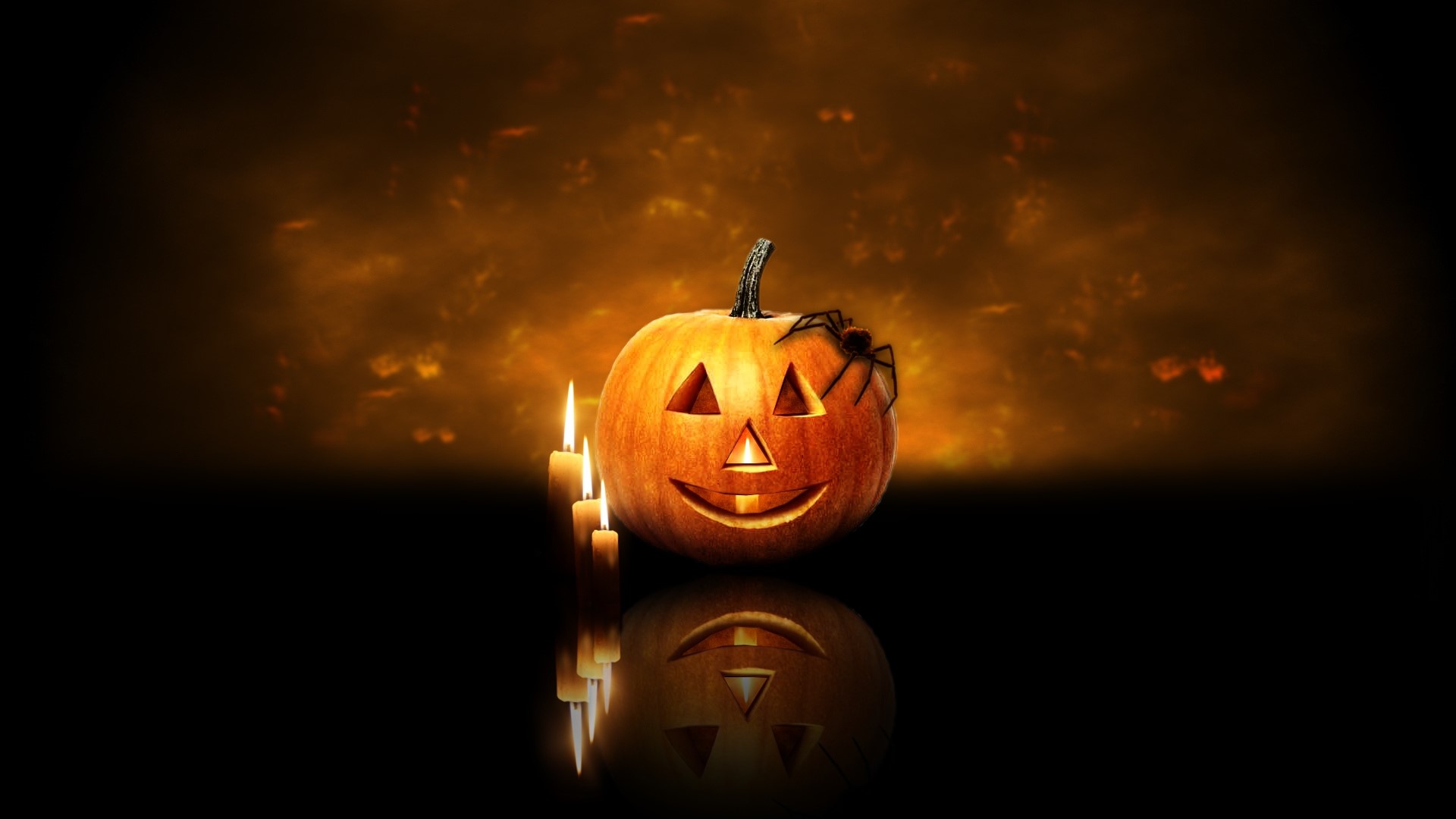 Halloween pumpkin with spider and candles HD Wallpaper