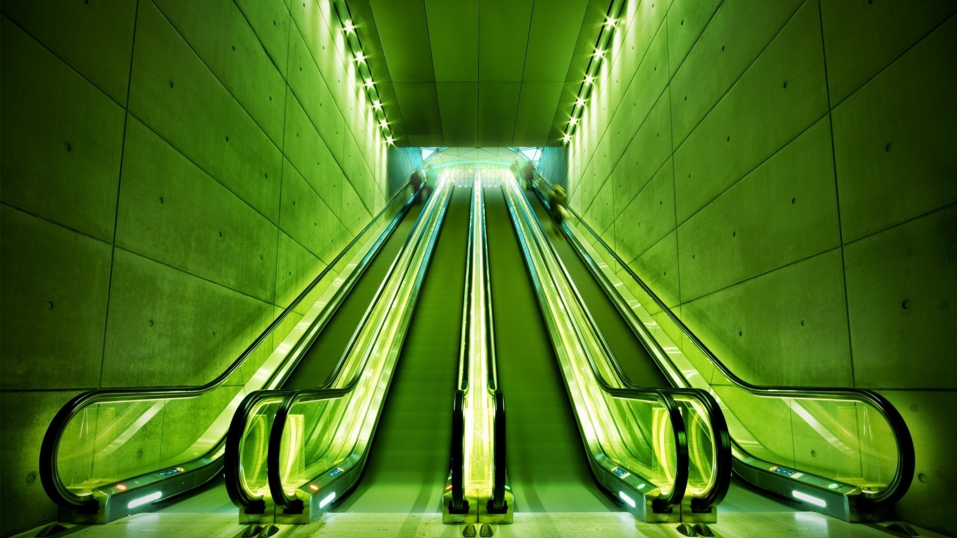 Green Escalators in Concrete Tunnel HD Wallpaper