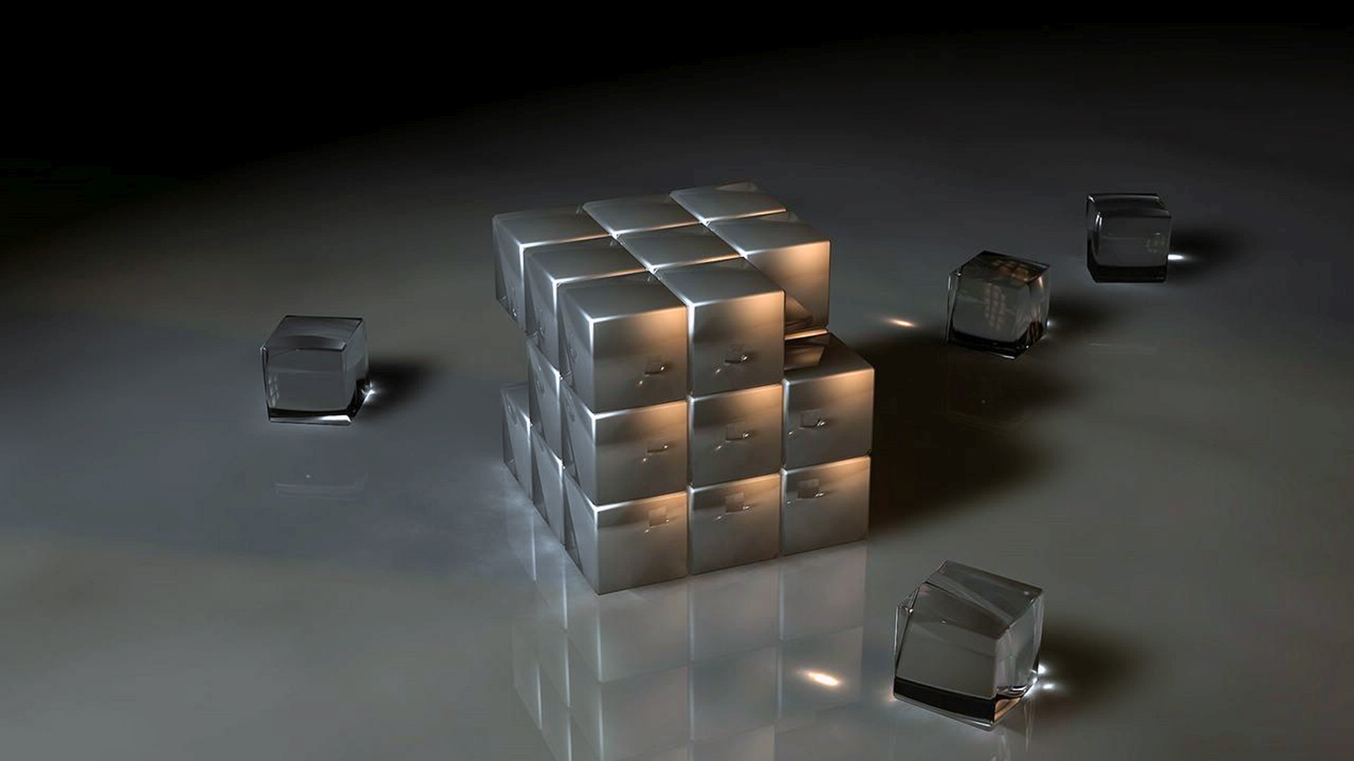 Metallic and glass cubes on a reflective surface HD Wallpaper