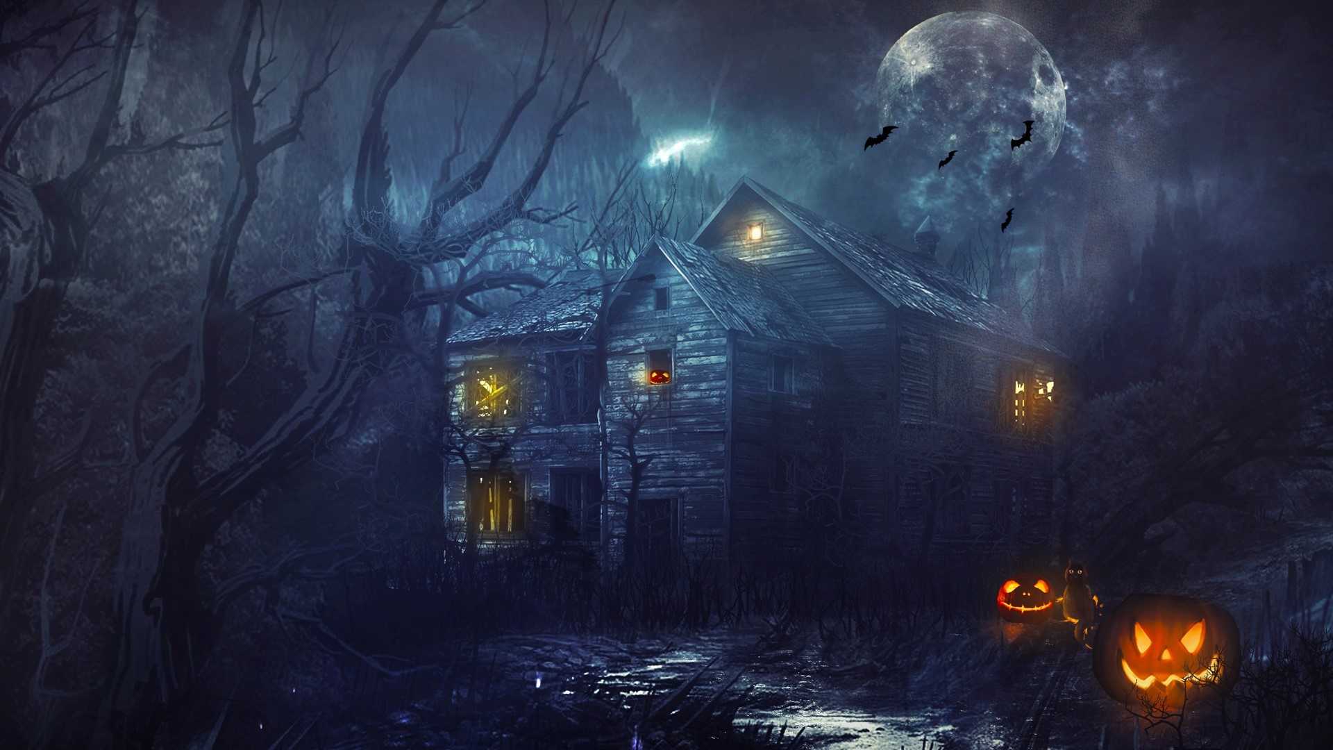 Haunted house with pumpkins and bats on Halloween HD Wallpaper