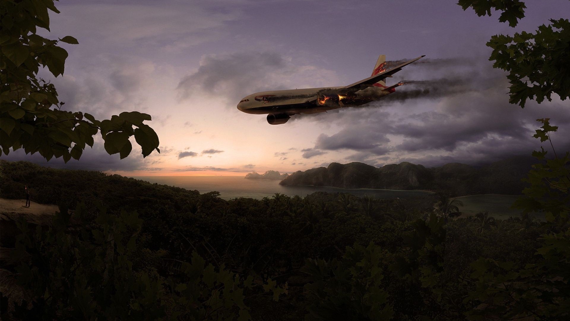 Plane crash over tropical islands at sunset HD Wallpaper
