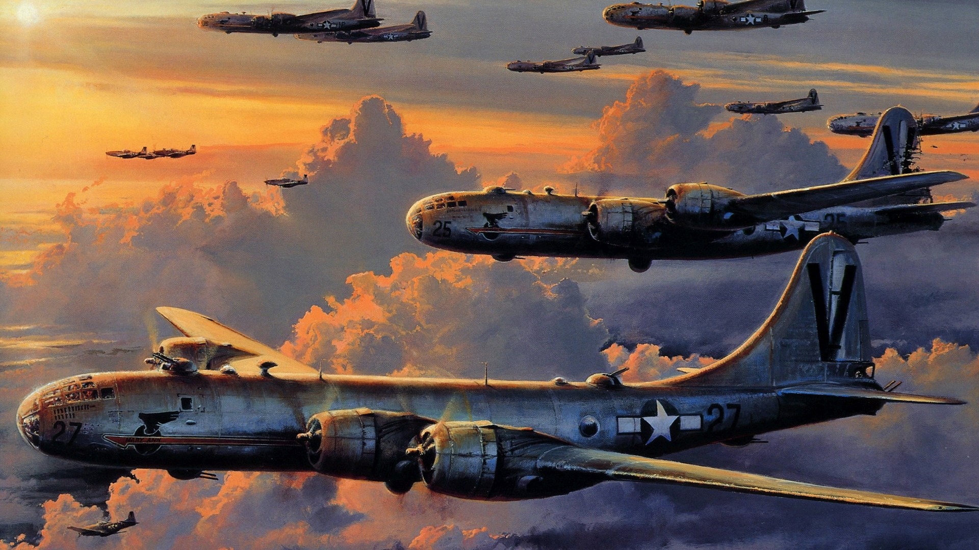 Bomber formation flying through clouds at sunset HD Wallpaper
