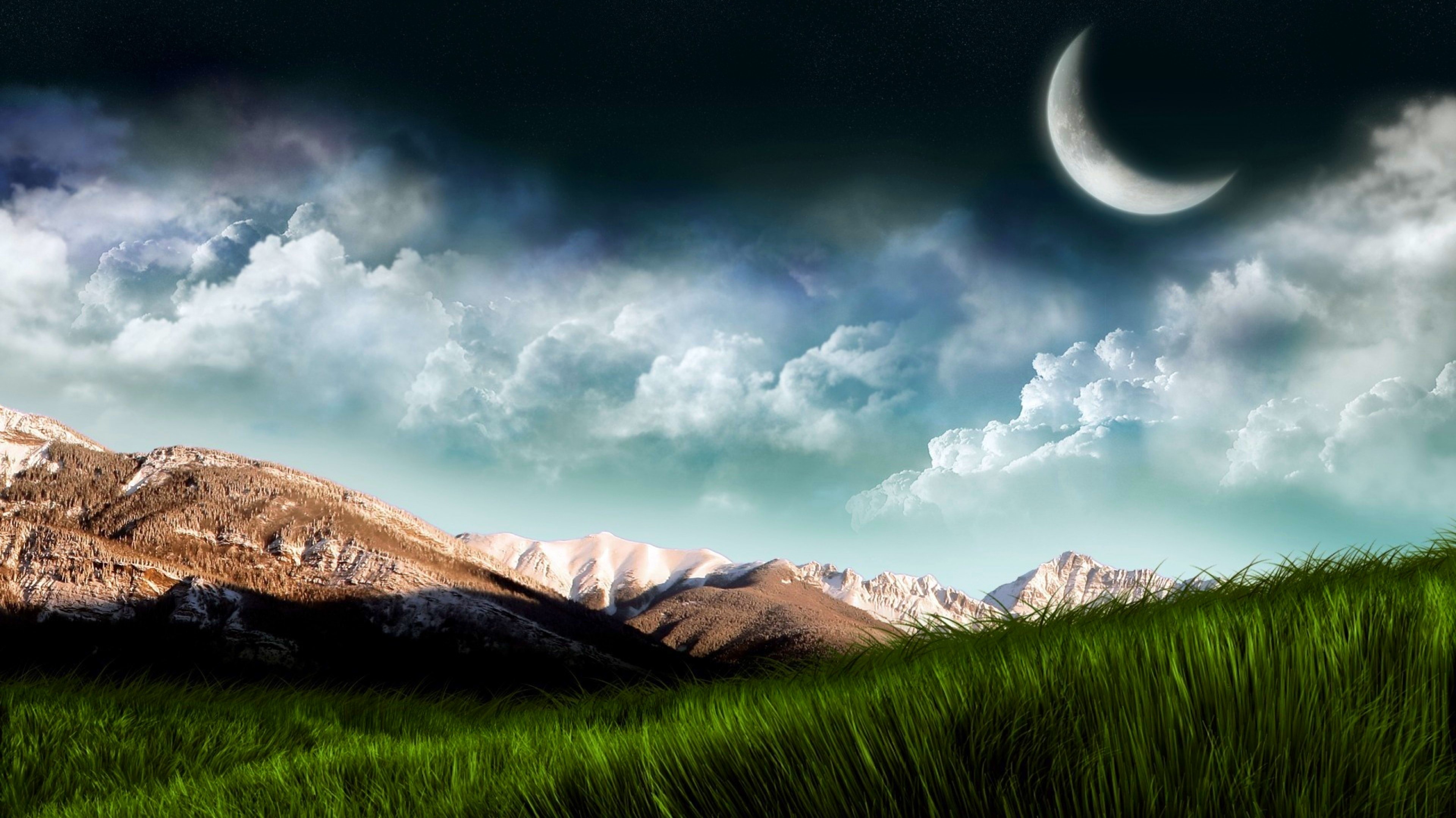 4K Nature Landscape with Mountains and Moon HD Wallpaper