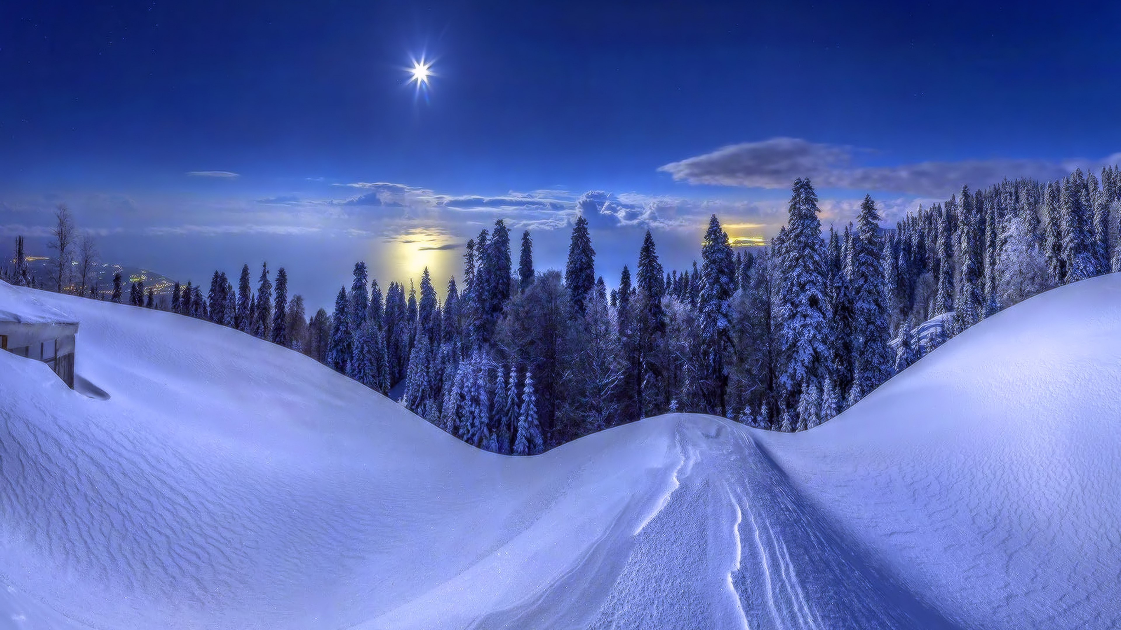 4K Winter Snow Drifts with Forest and Moon HD Wallpaper
