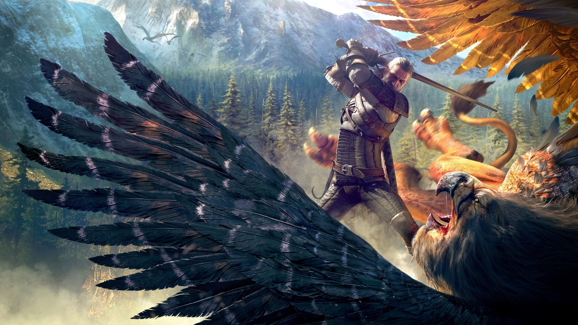 Geralt fighting a Griffin in The Witcher 3 HD Wallpaper