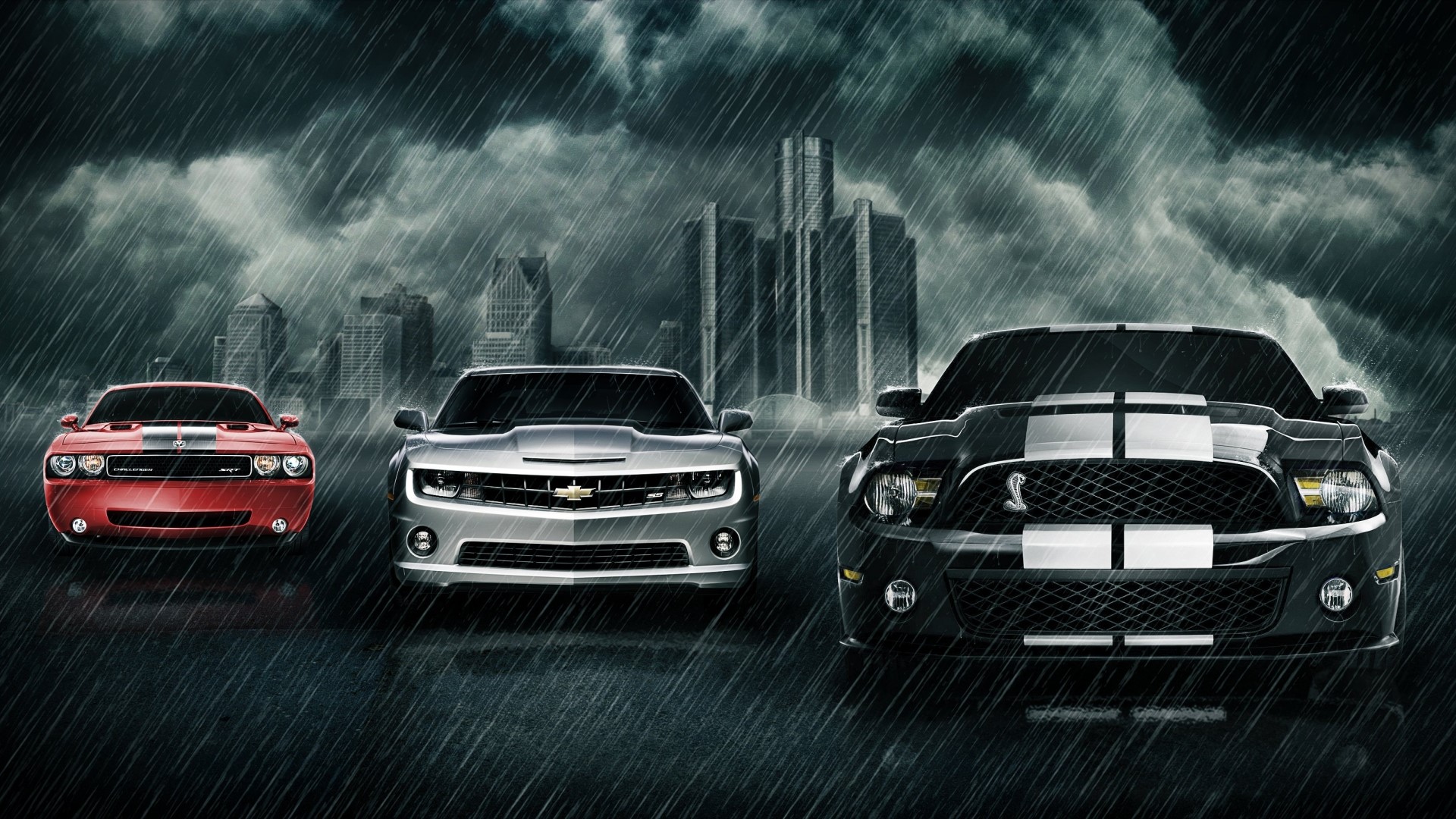 Three muscle cars in the rain HD Wallpaper