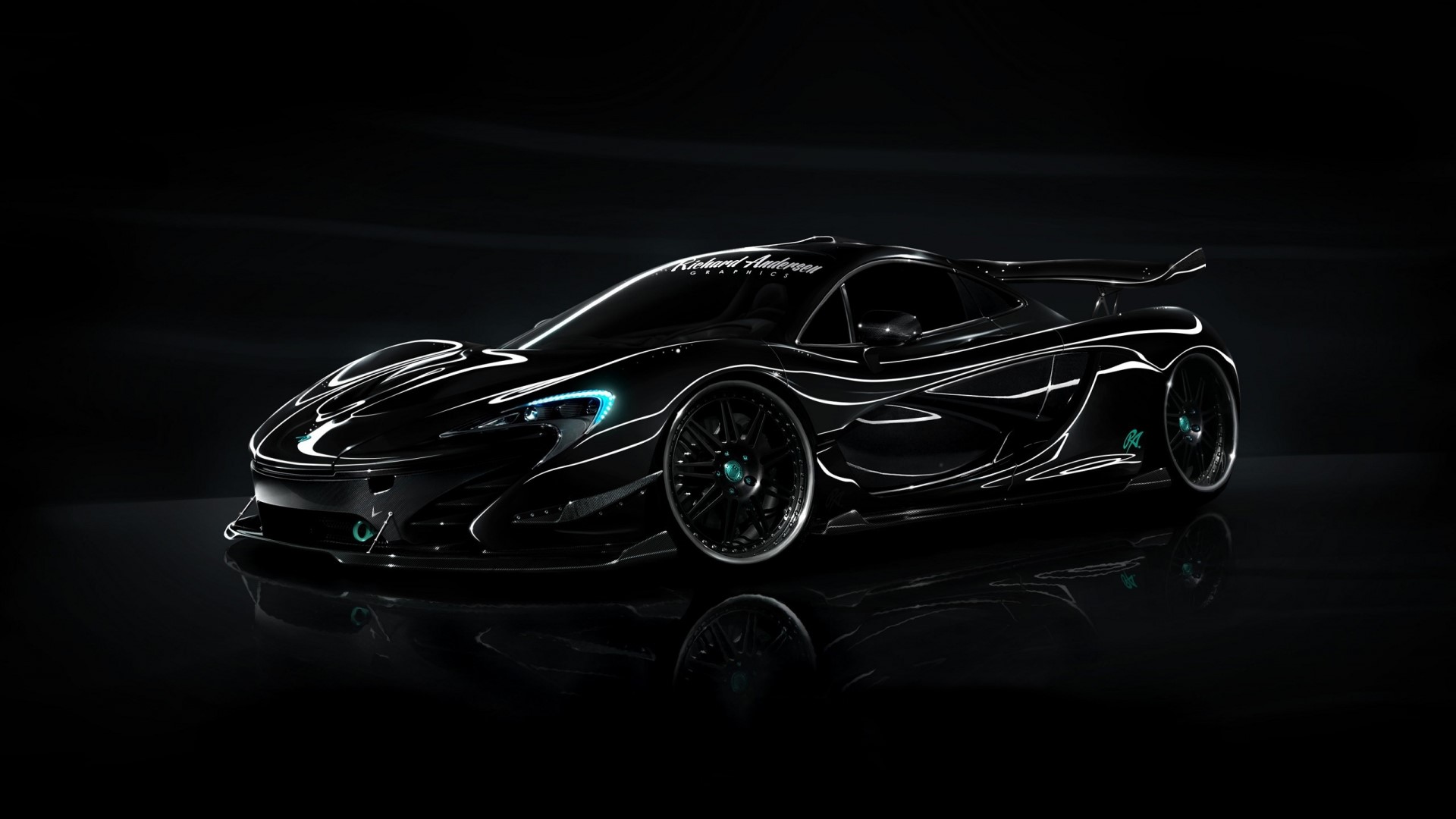 Black McLaren P1 with custom white racing stripes HD Wallpaper
