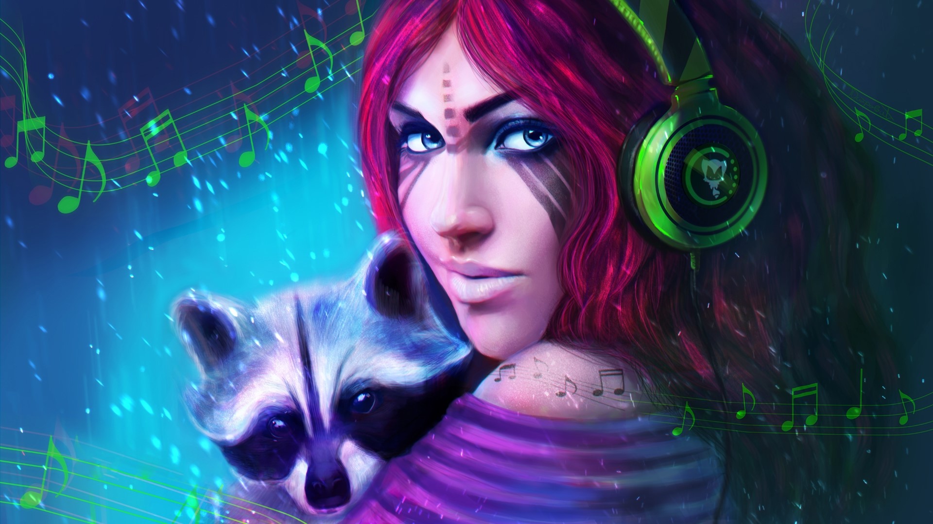 Girl with headphones holding a raccoon HD Wallpaper
