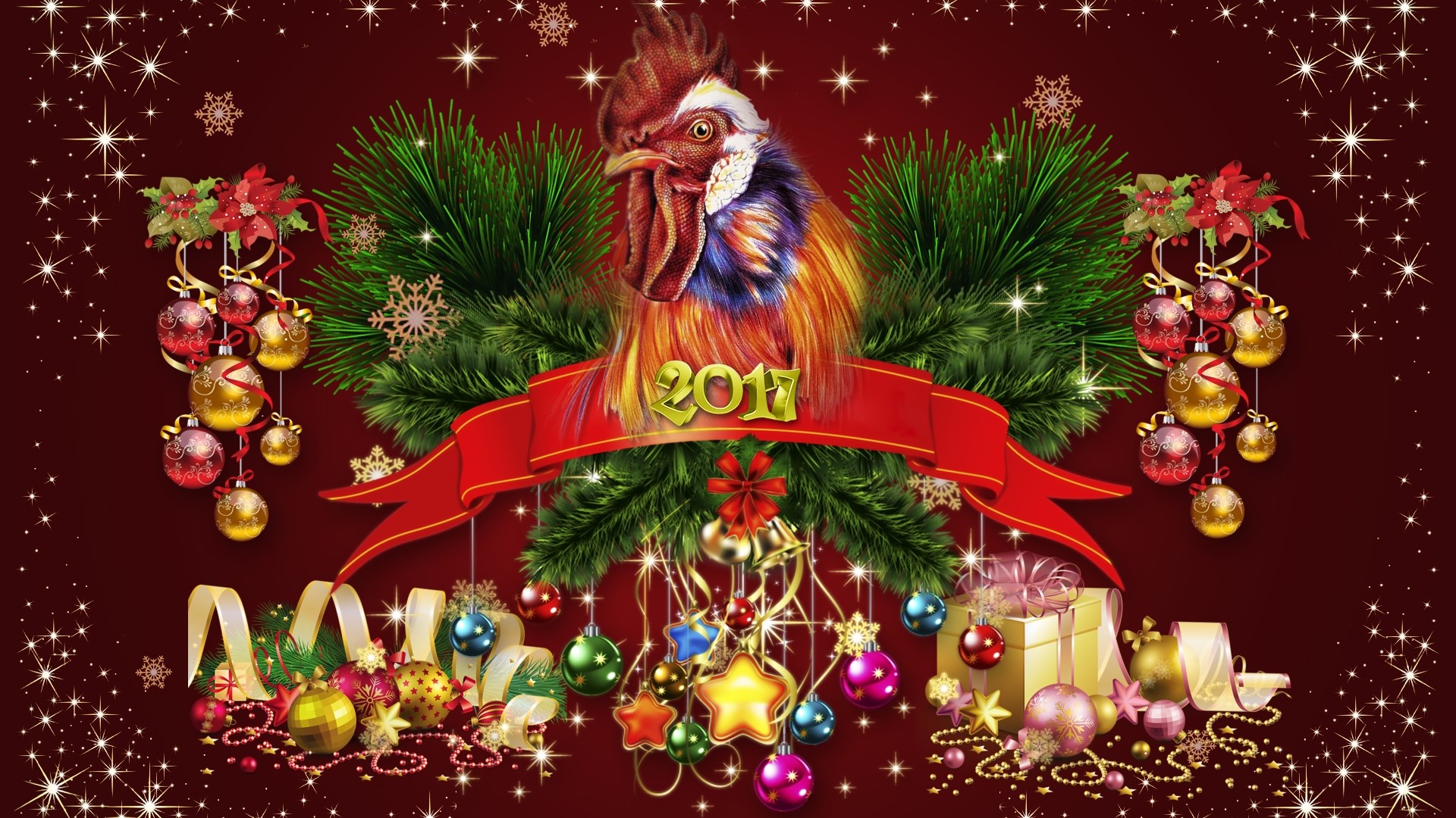 Rooster with Christmas decorations and 2017 HD Wallpaper
