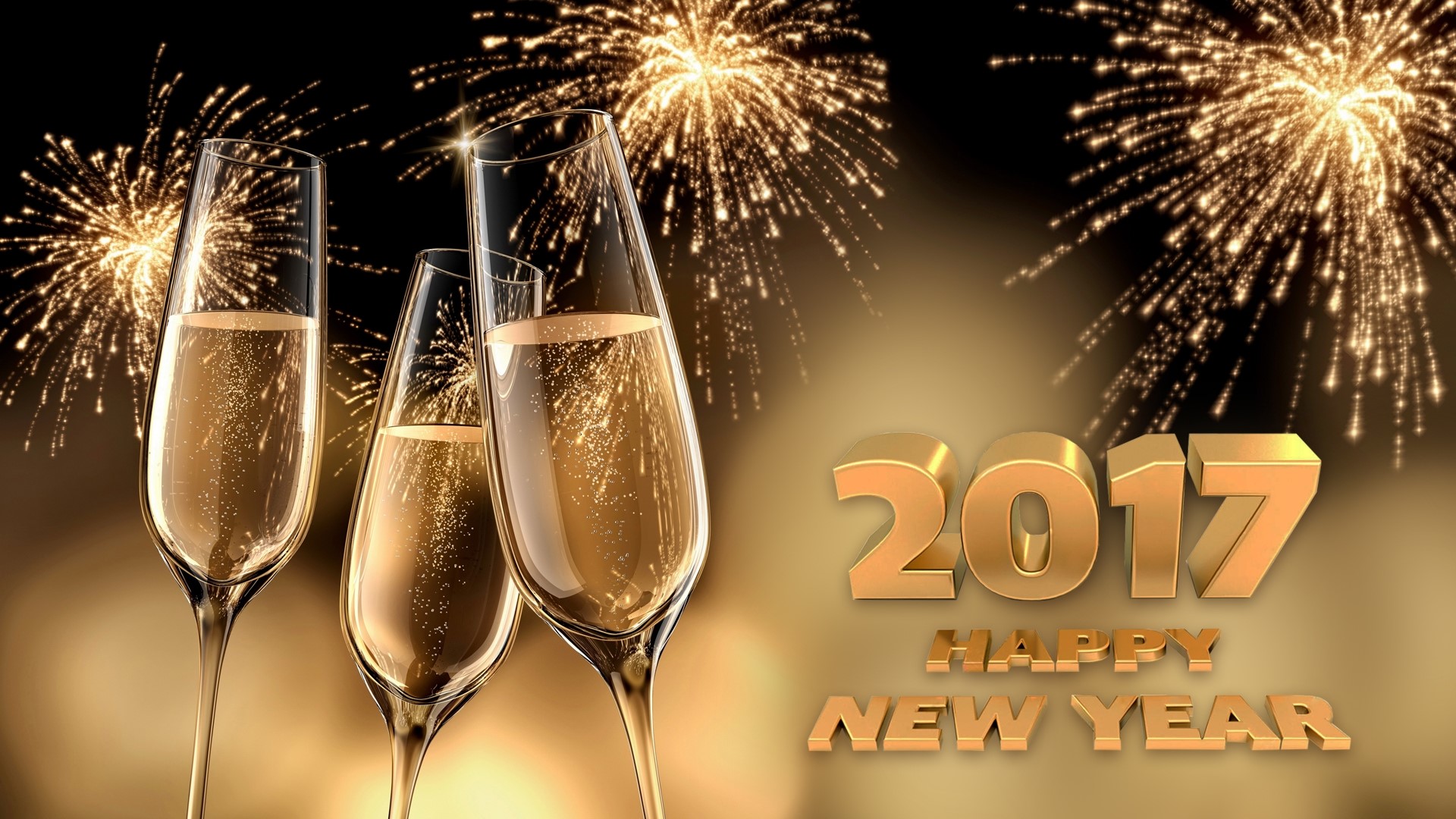 Happy New Year 2017 Champagne Glasses Fireworks HD Wallpaper