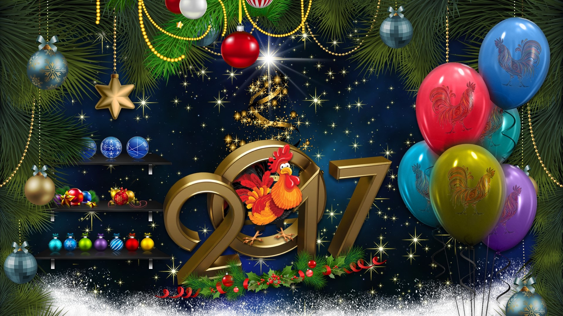 2017 New Year's Eve Rooster Balloons HD Wallpaper