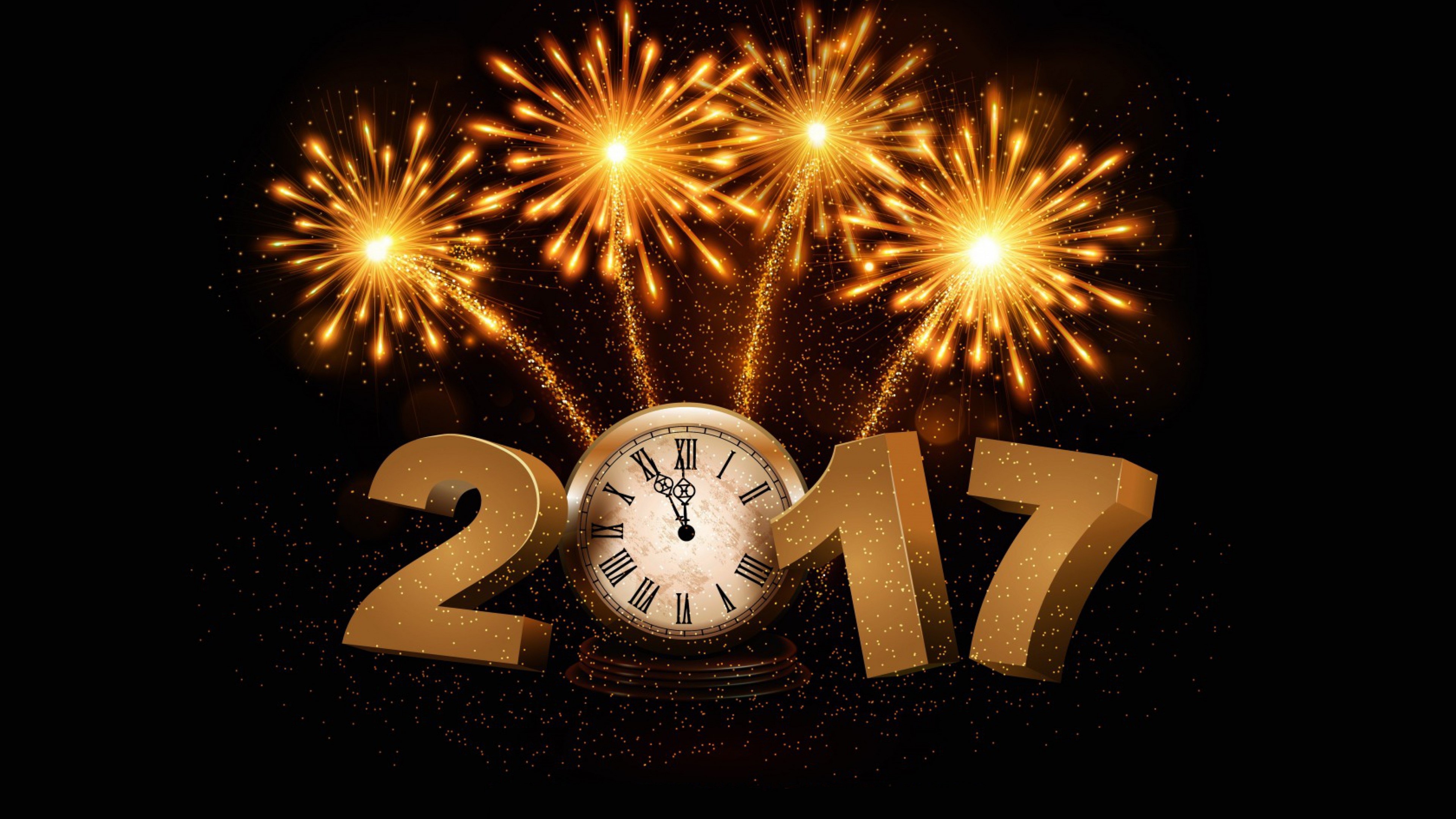 4K New Year 2017 Fireworks and Clock HD Wallpaper