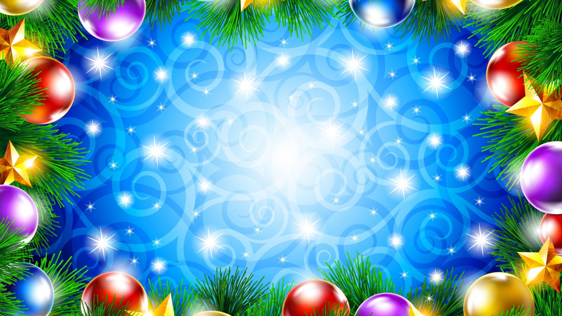 Christmas Ornaments and Pine Branches on Blue Background HD Wallpaper