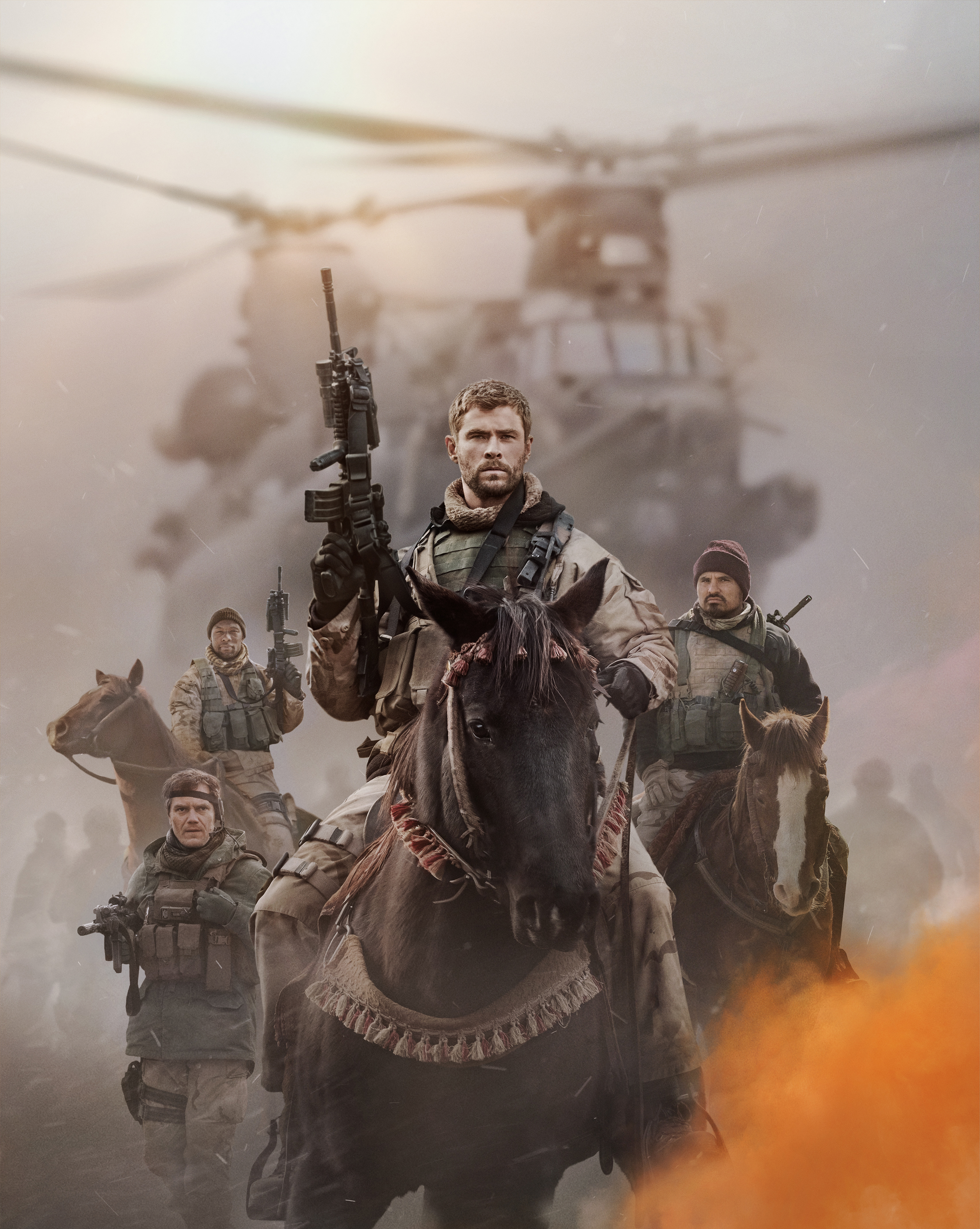 Soldiers on horseback with helicopter in background HD Wallpaper