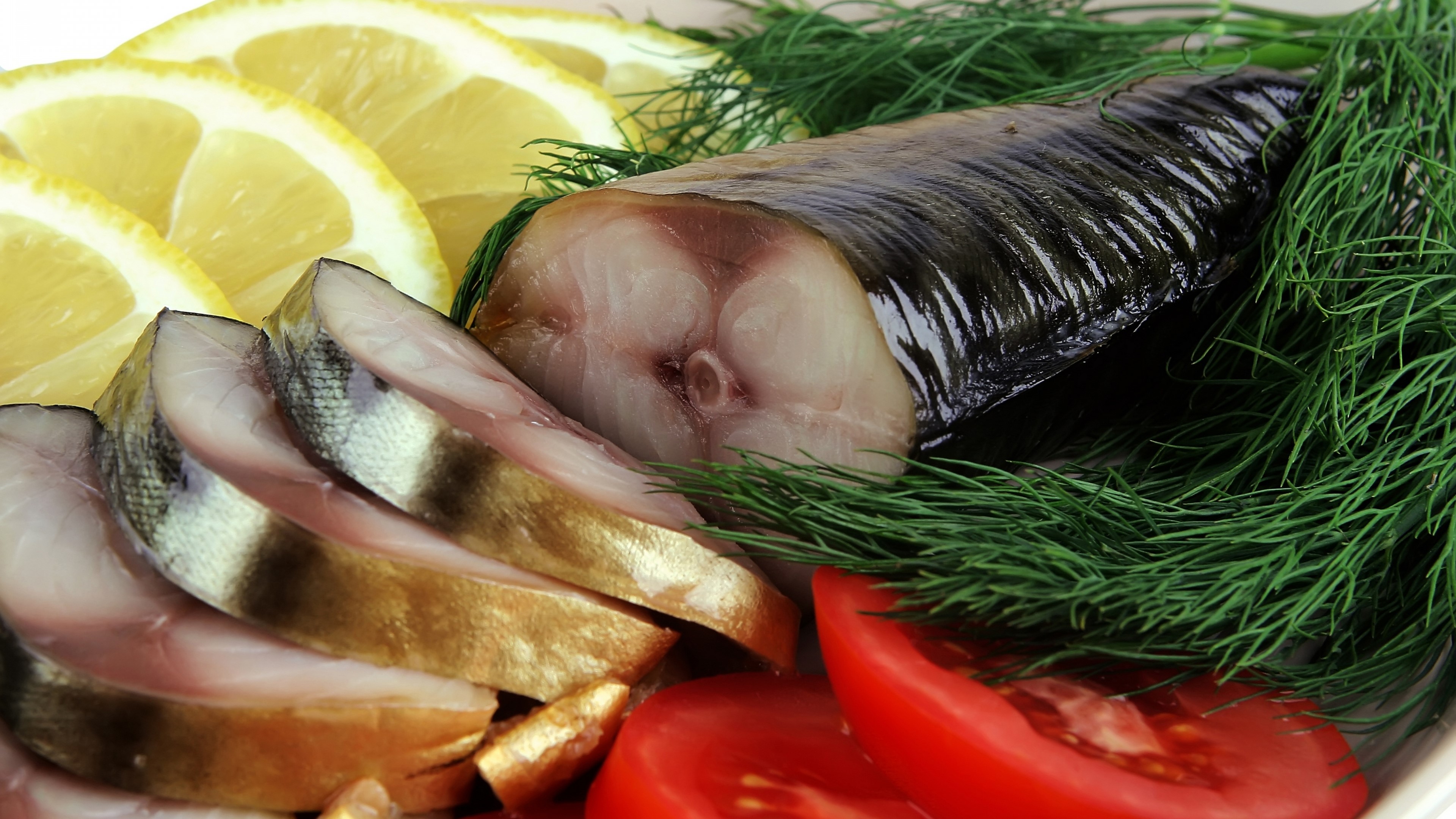 Smoked fish with lemon, tomato, and dill HD Wallpaper