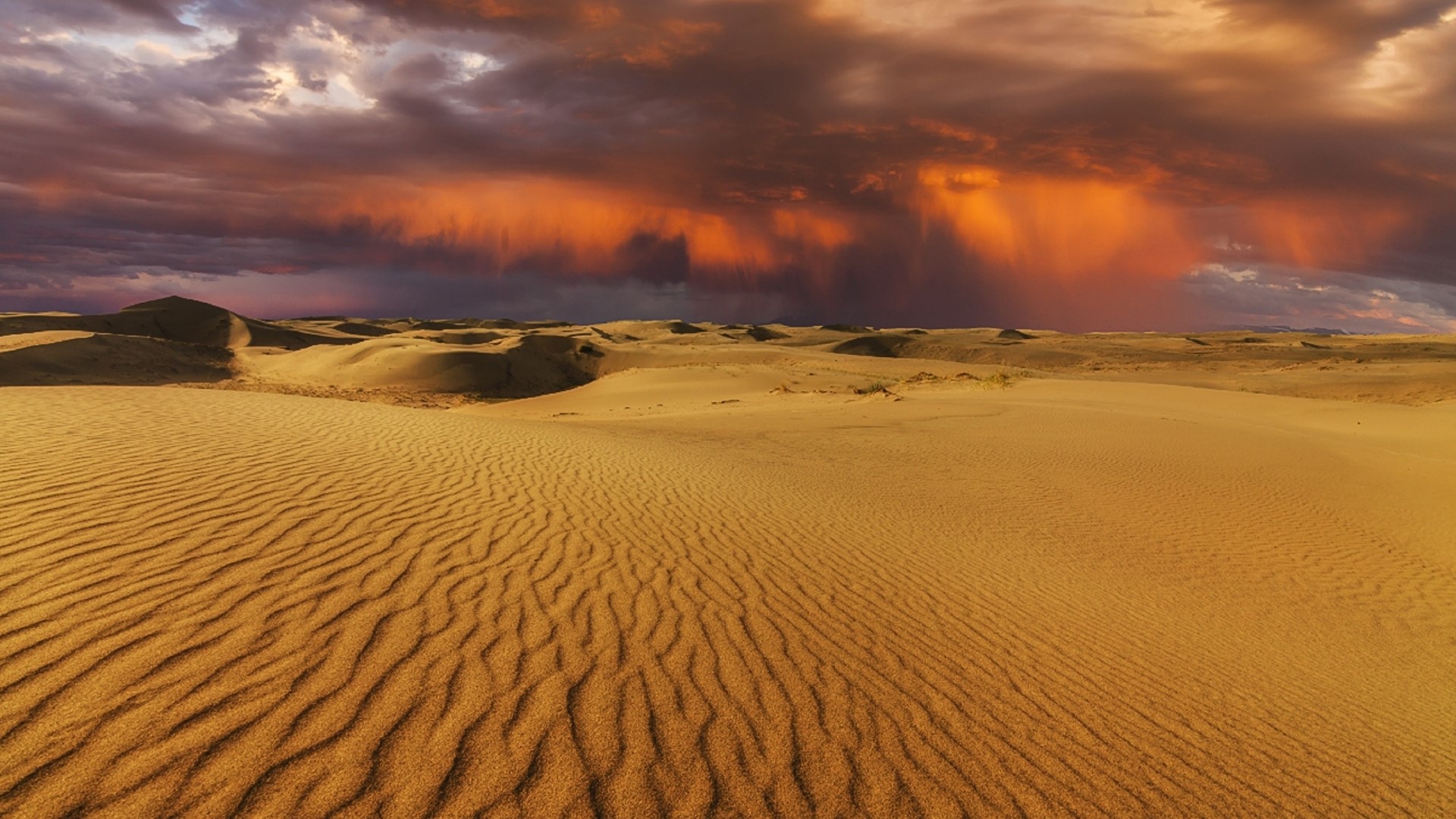 Desert dunes under stormy sunset sky HD Wallpaper