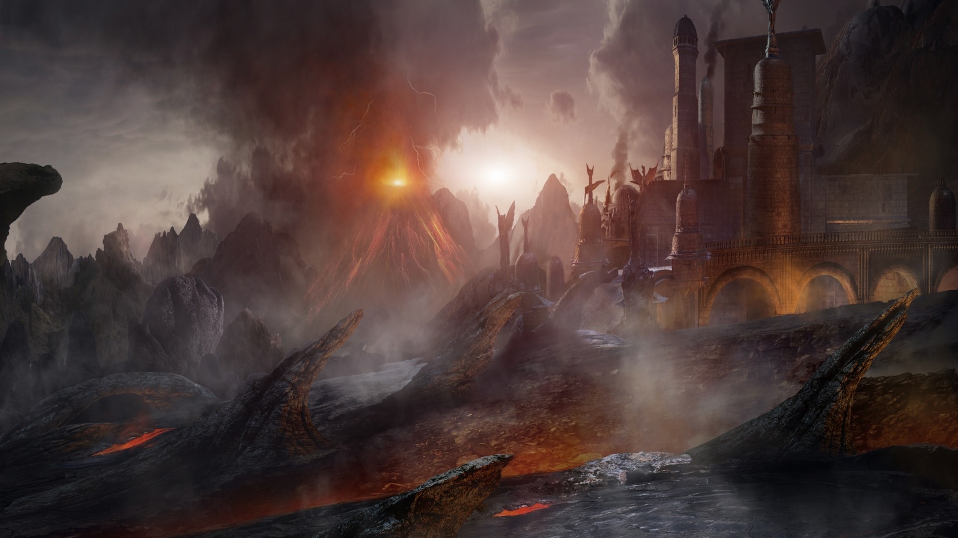 Volcanic landscape with a castle and lightning HD Wallpaper