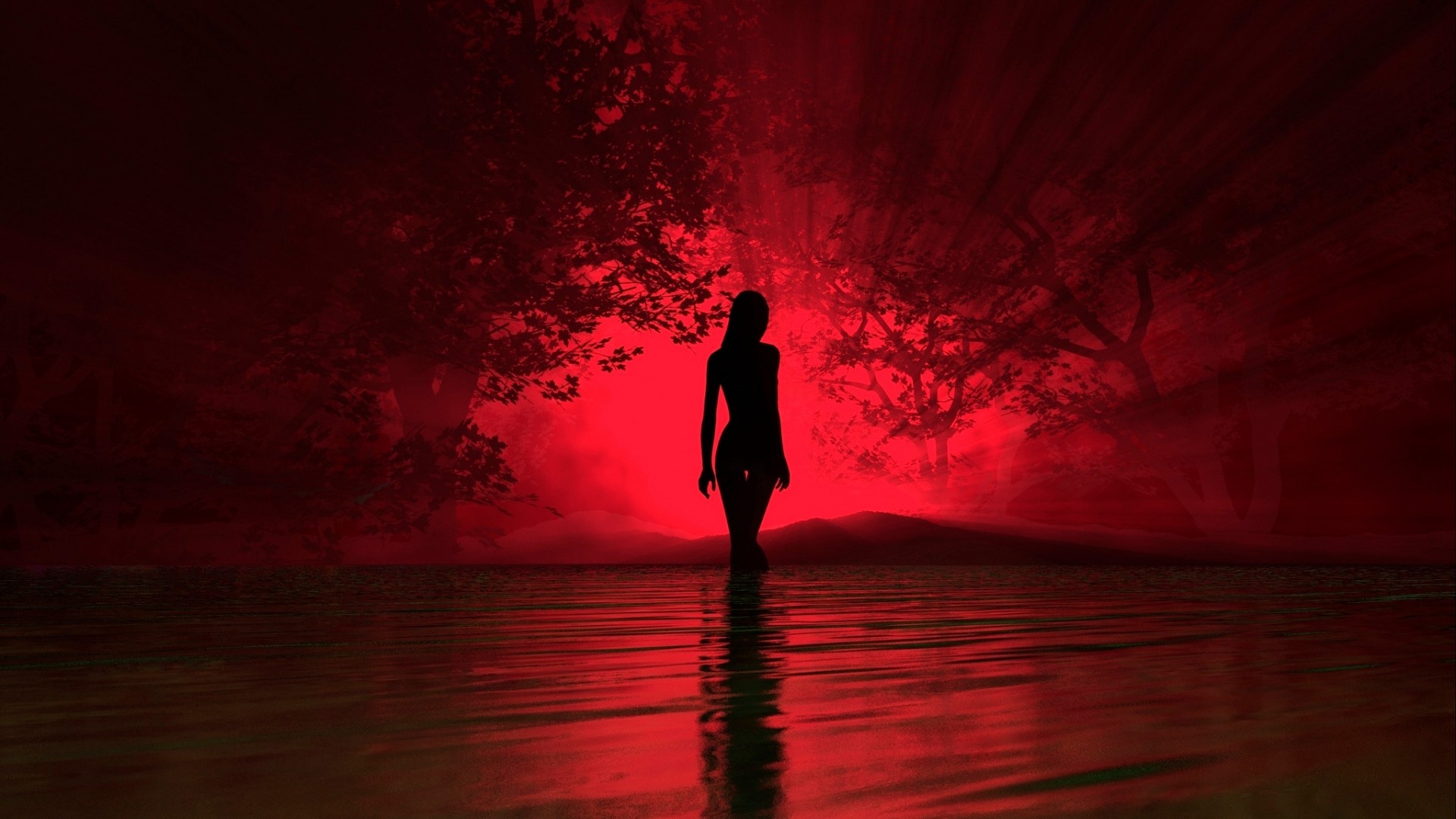 Silhouette of a woman in red water HD Wallpaper