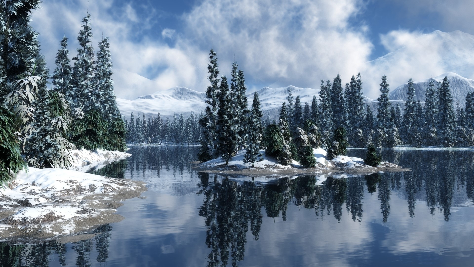 Snowy pine trees on a lake with mountains HD Wallpaper
