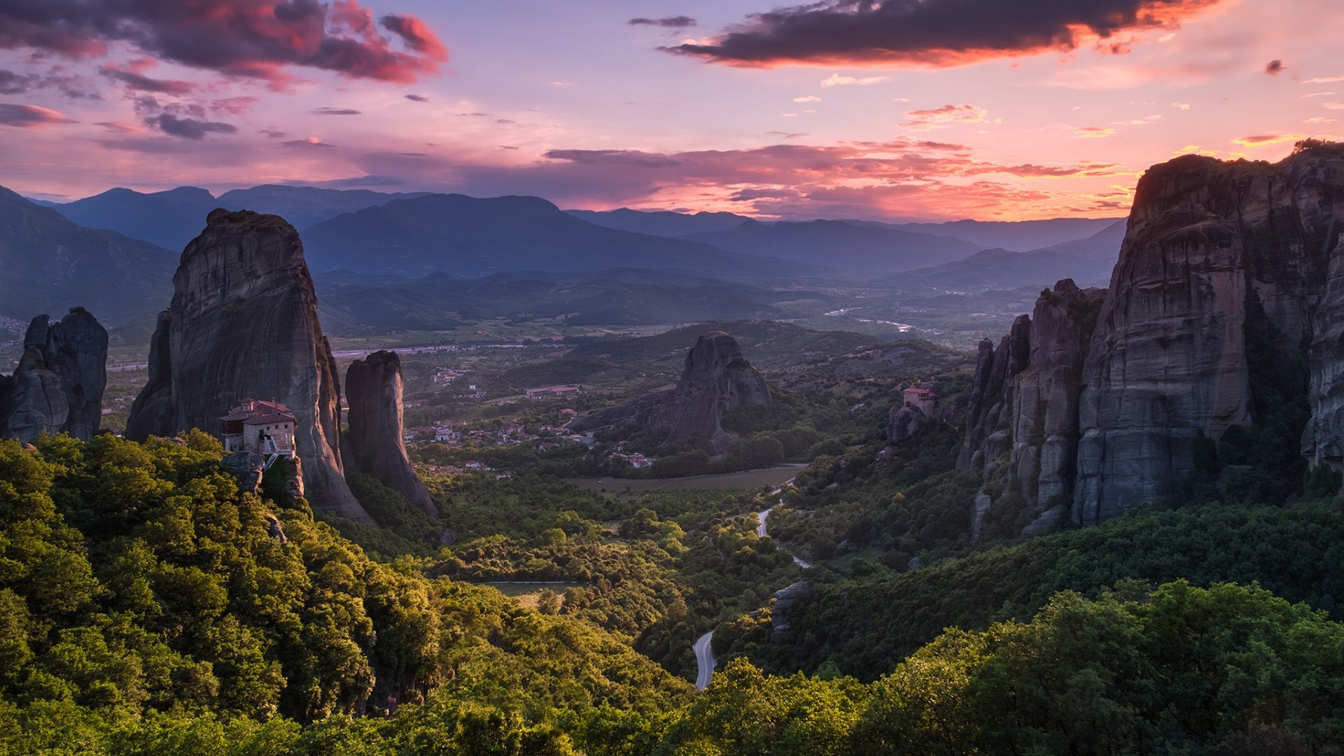 Meteora monasteries at sunset HD Wallpaper