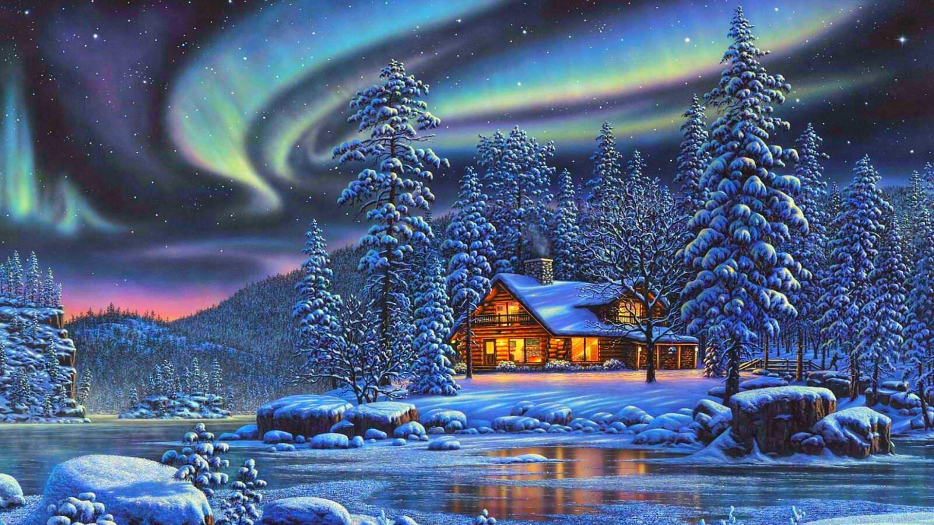 Winter cabin under aurora borealis HD Wallpaper