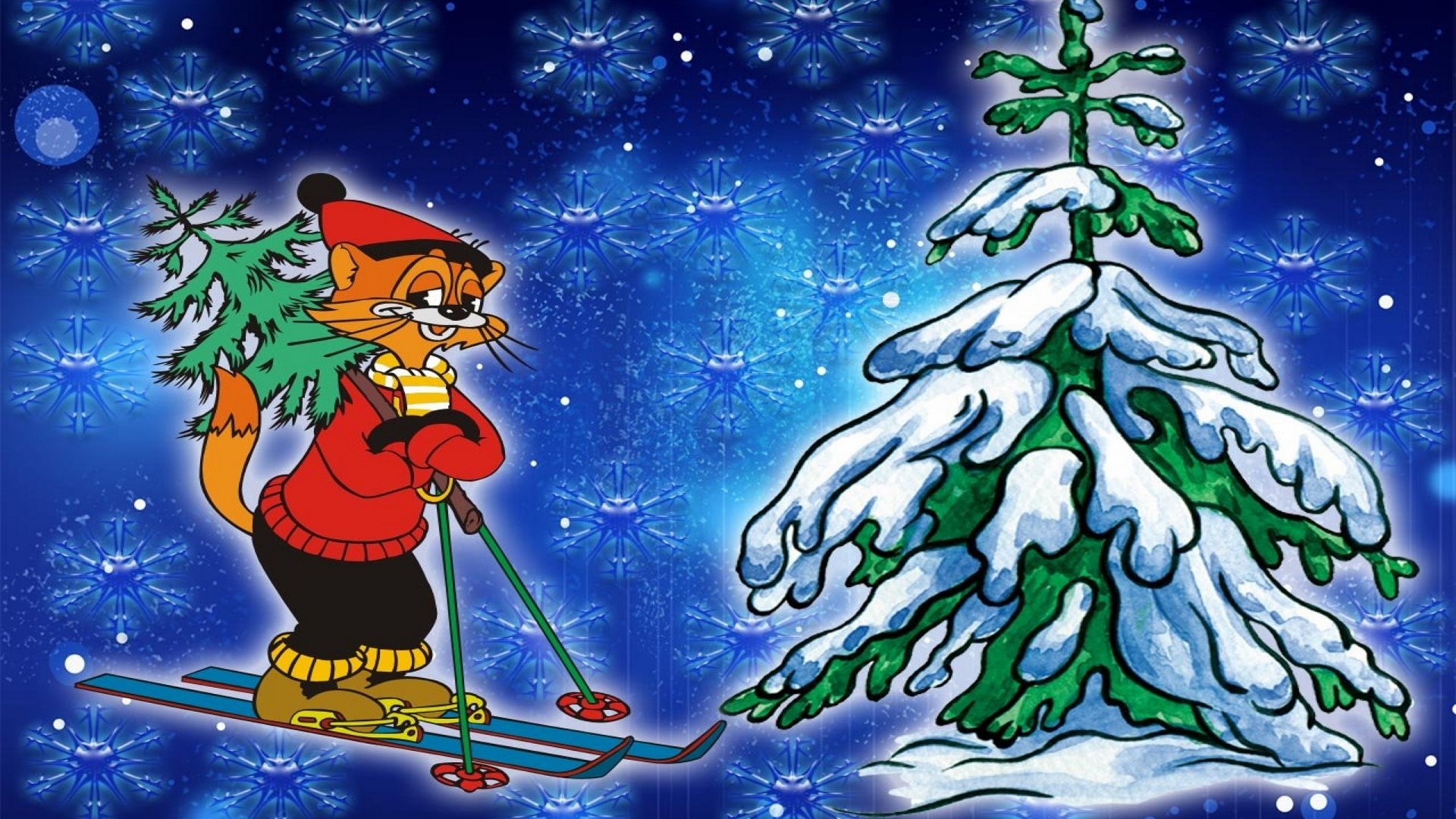 Leopold the cat on skis with a Christmas tree HD Wallpaper