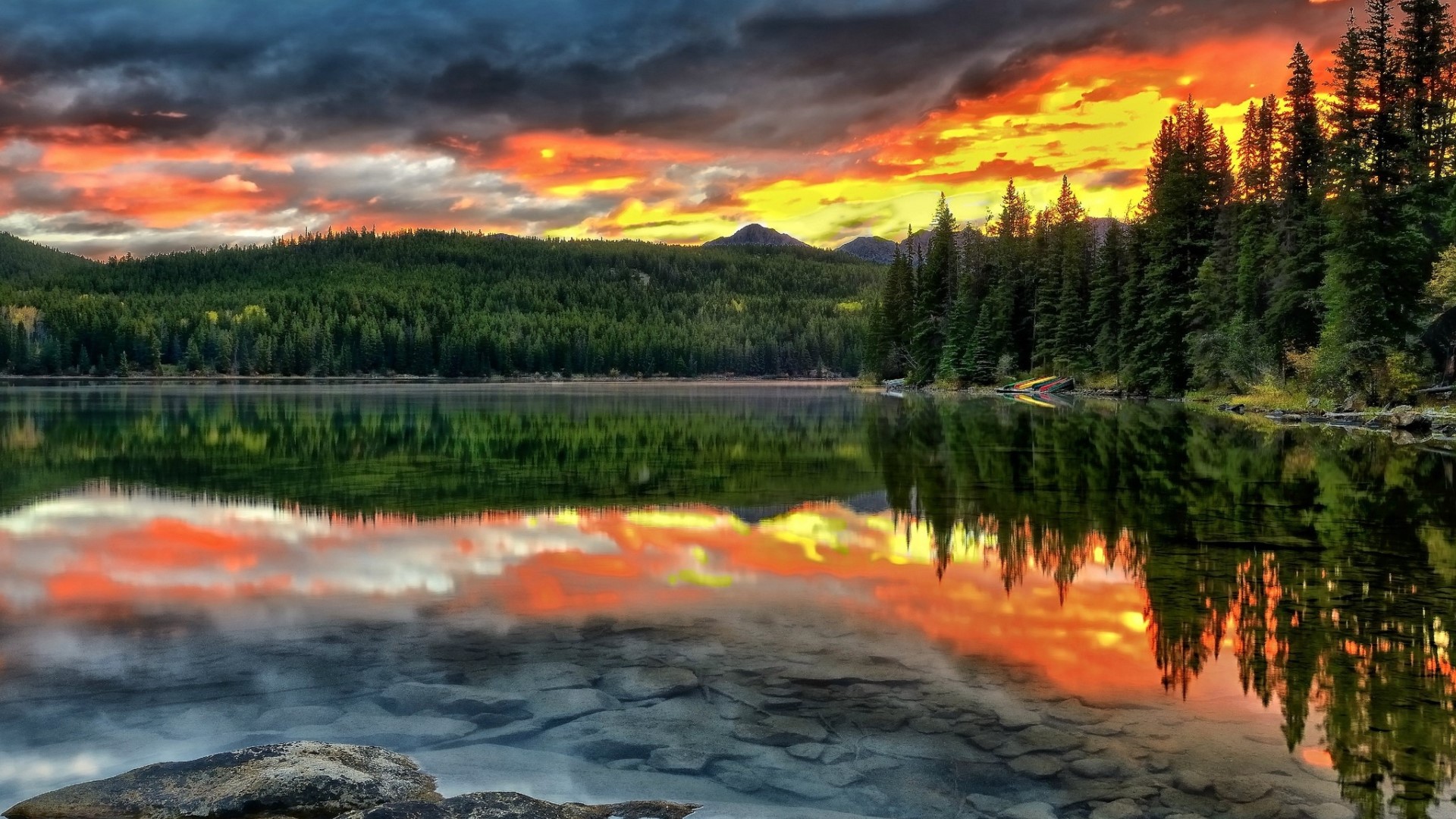 Sunset over a forest lake with reflections HD Wallpaper