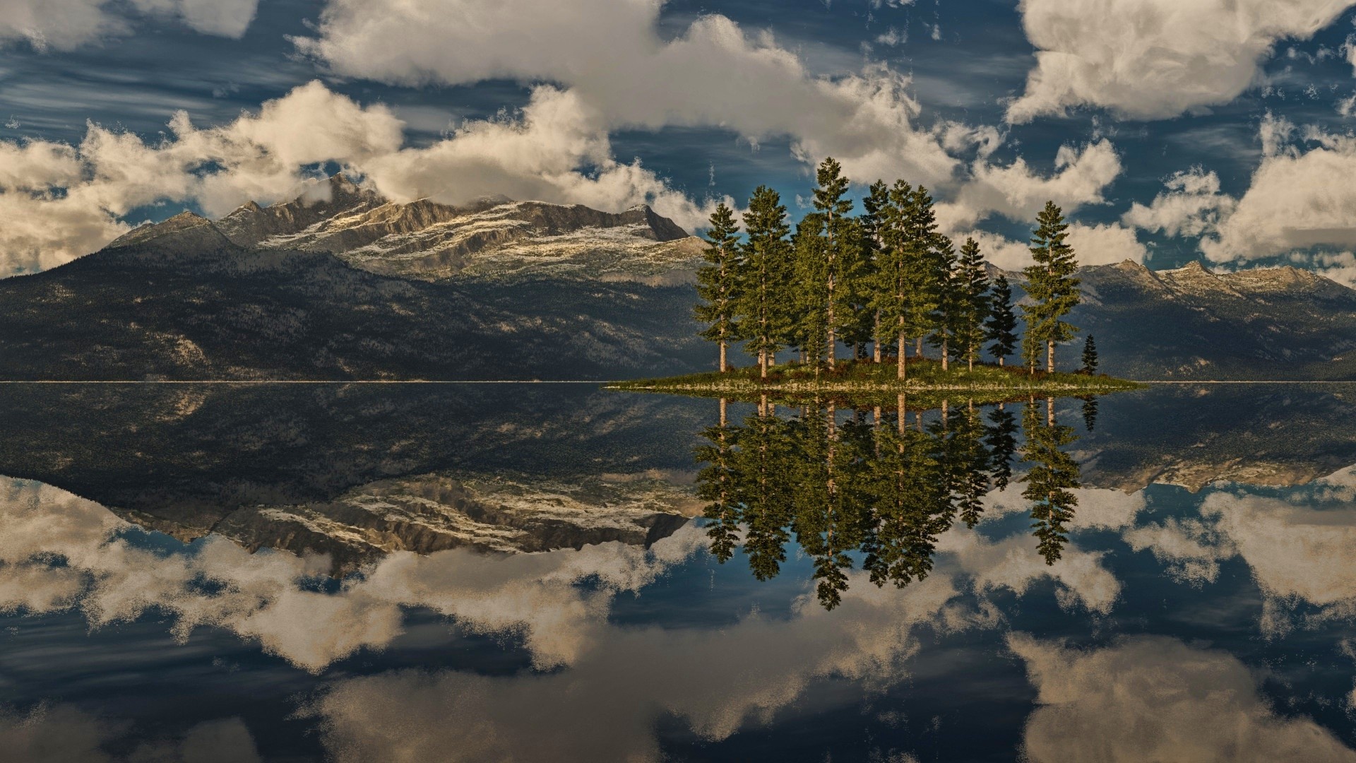 Island of trees reflected in a lake with mountains HD Wallpaper