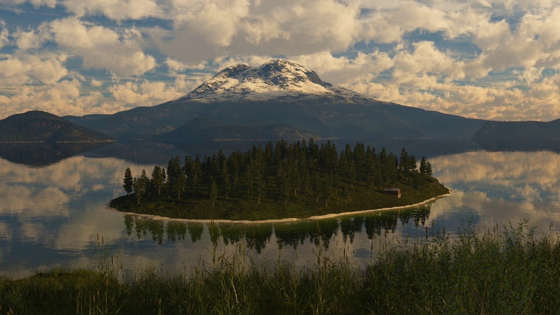 Island with trees and a mountain in the background HD Wallpaper
