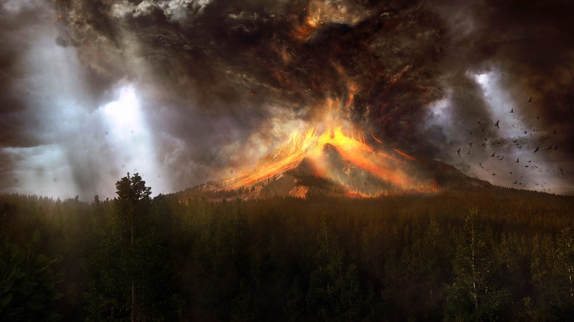 Volcano erupting with lava flows and ash clouds HD Wallpaper
