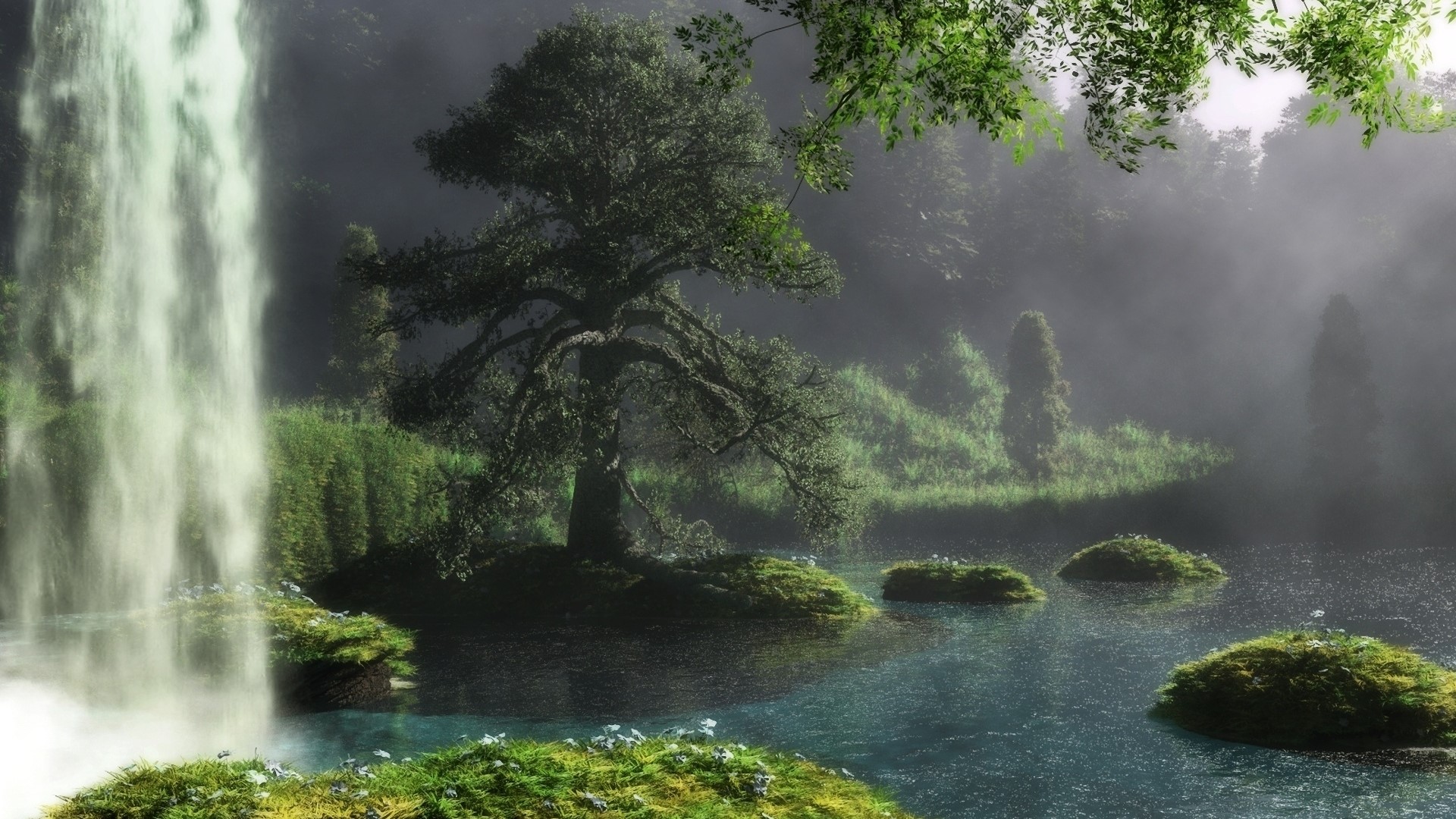 Waterfall in a misty forest with islands HD Wallpaper