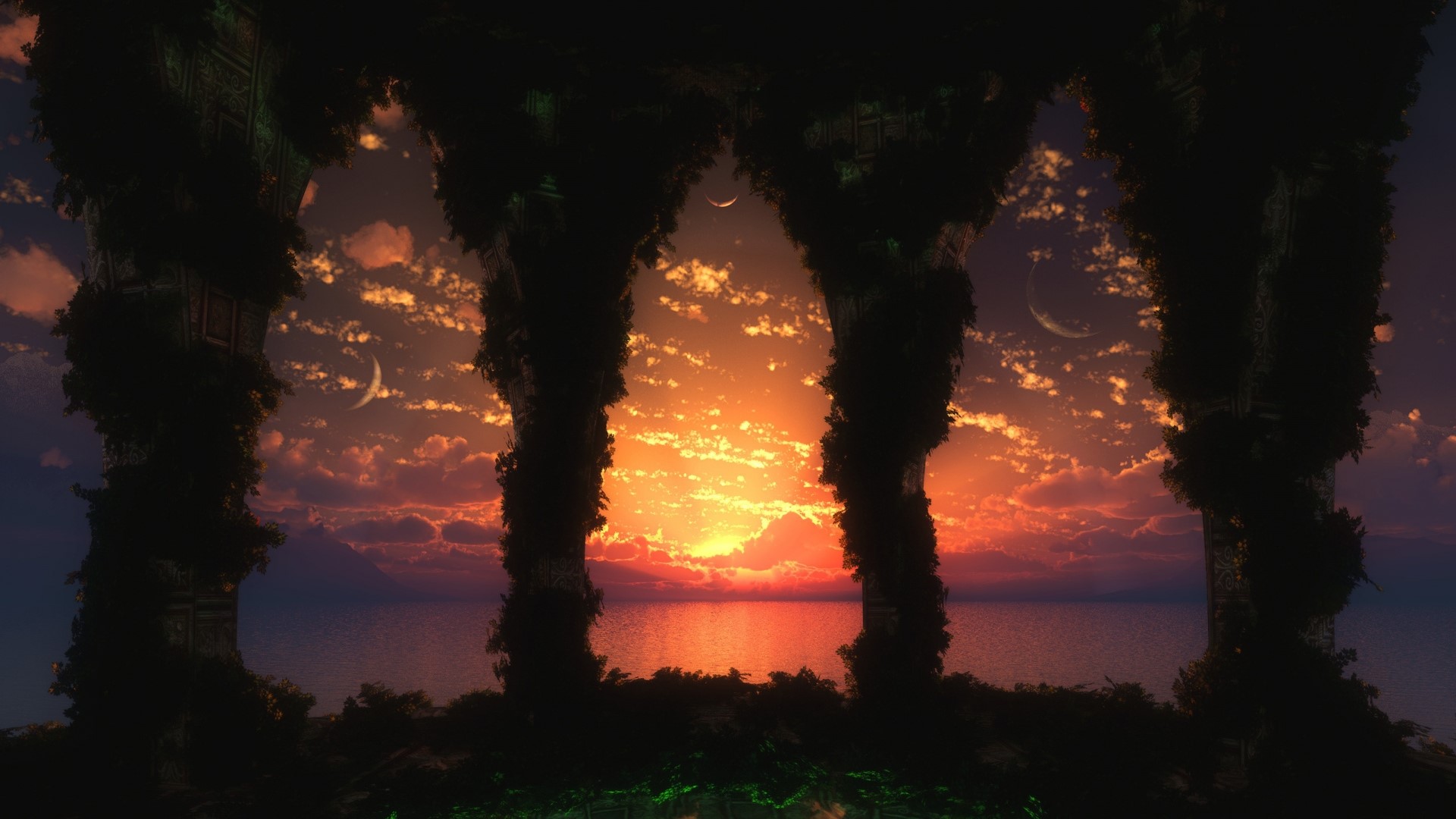 Sunset over the ocean through ancient ruins HD Wallpaper