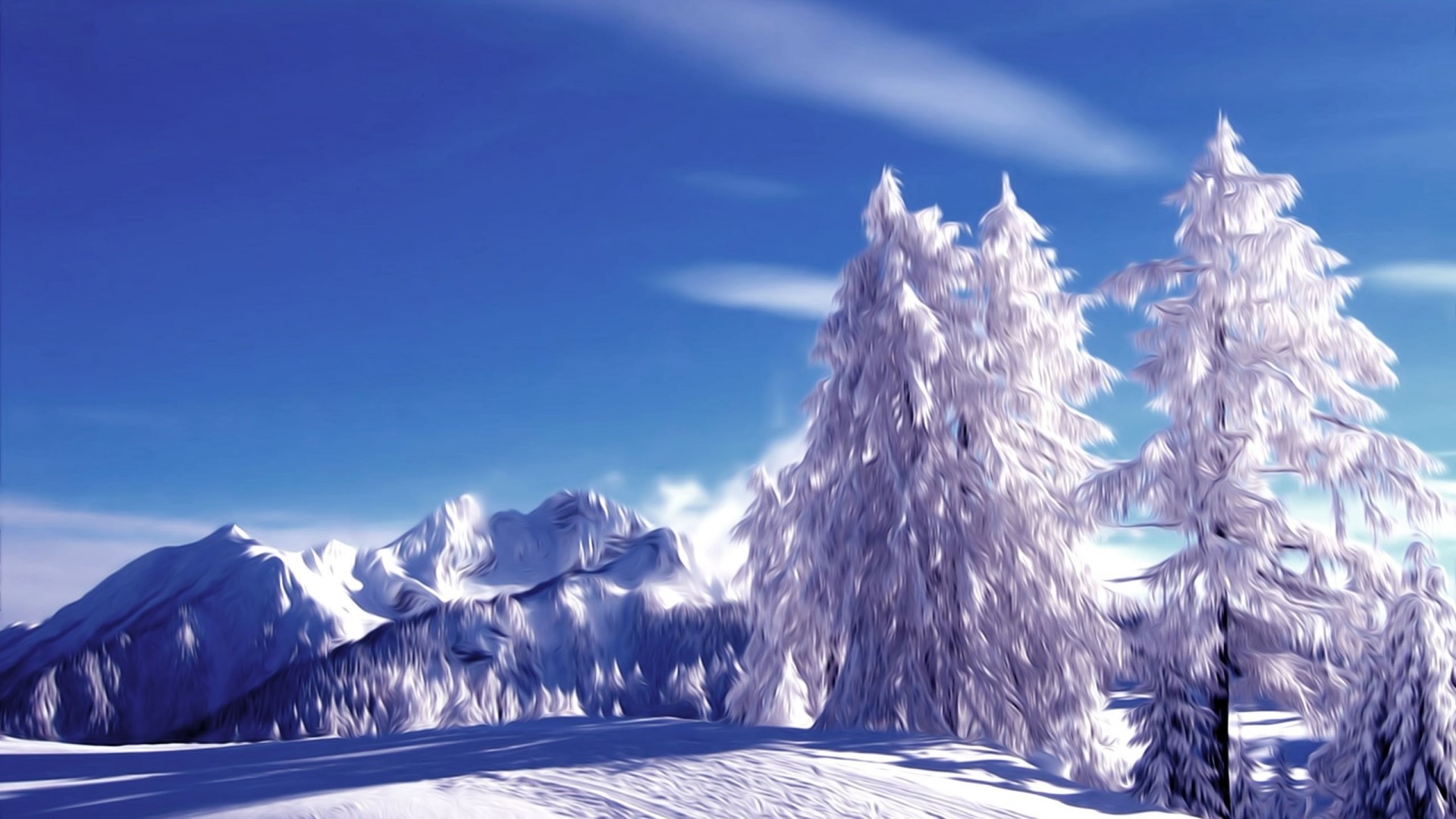 Snowy pine trees and mountains under a blue sky HD Wallpaper