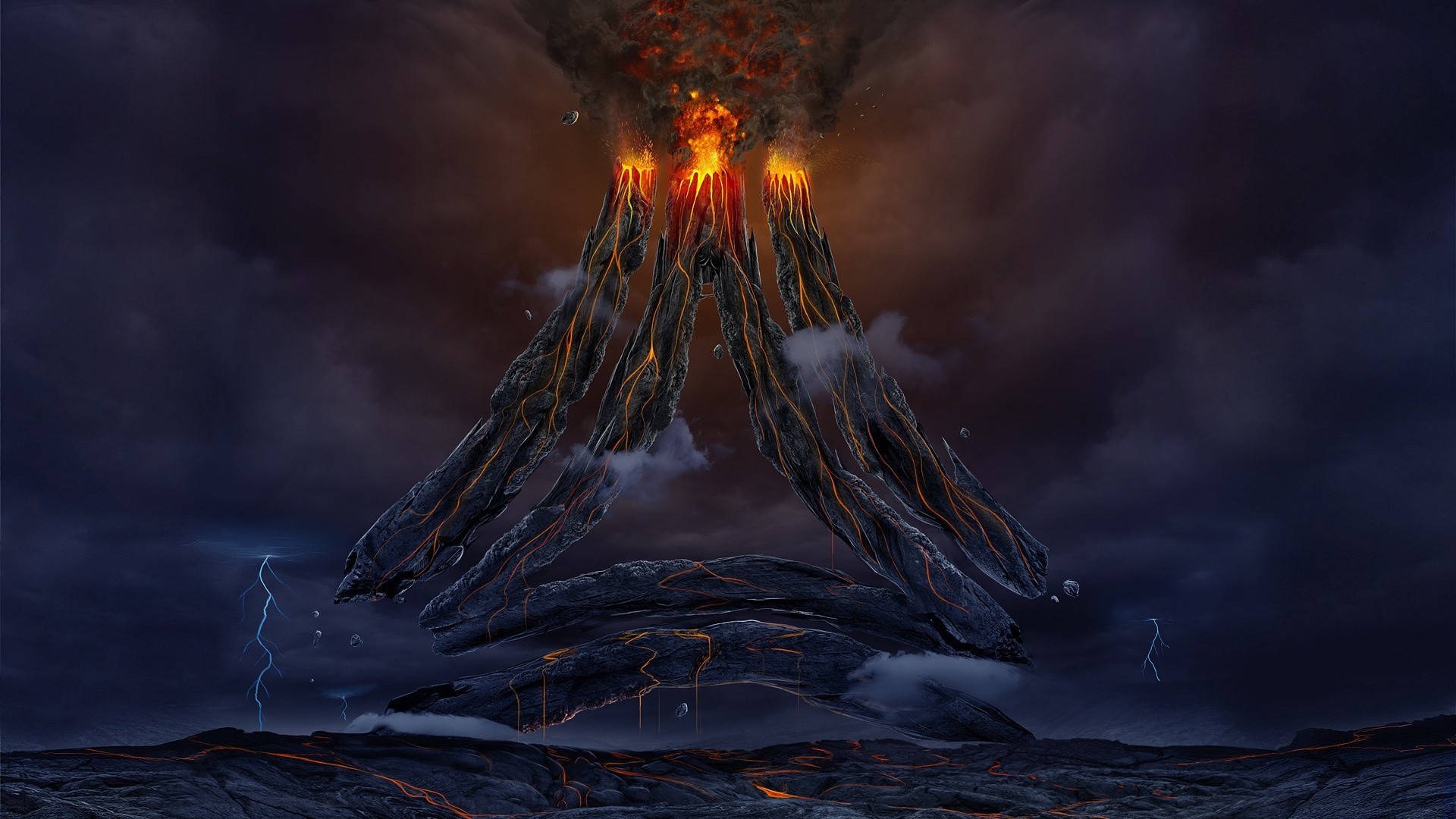 Volcano eruption with lava and lightning HD Wallpaper