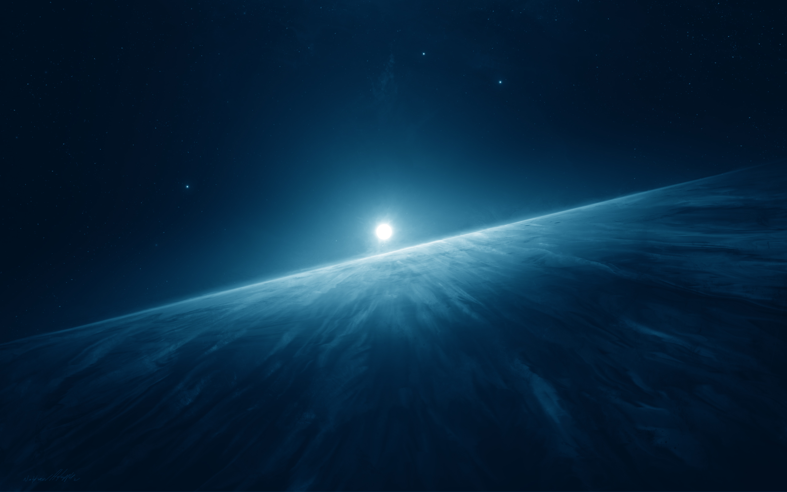 Planet horizon with bright sun and stars HD Wallpaper