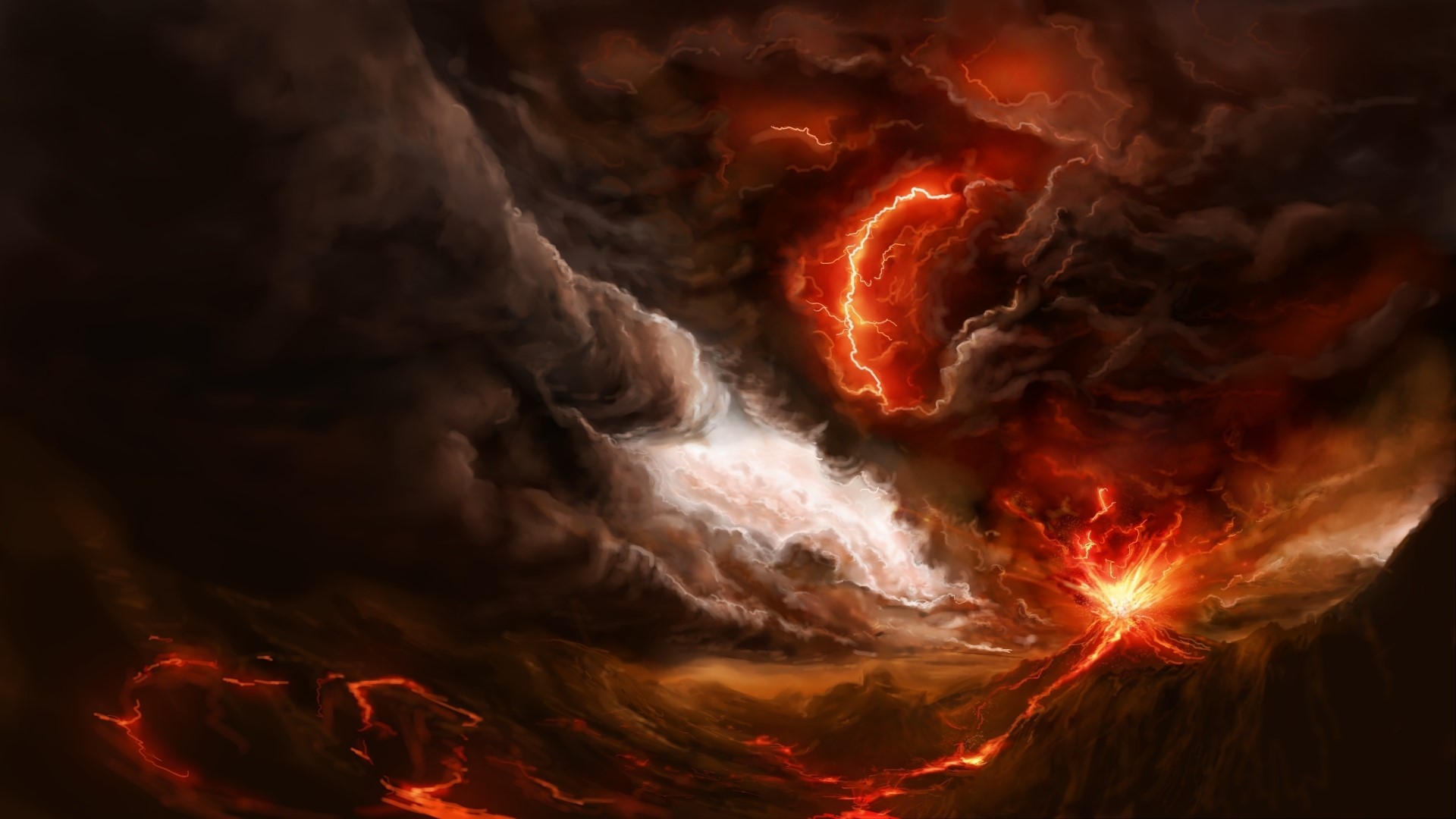 Volcano eruption with lightning and lava HD Wallpaper