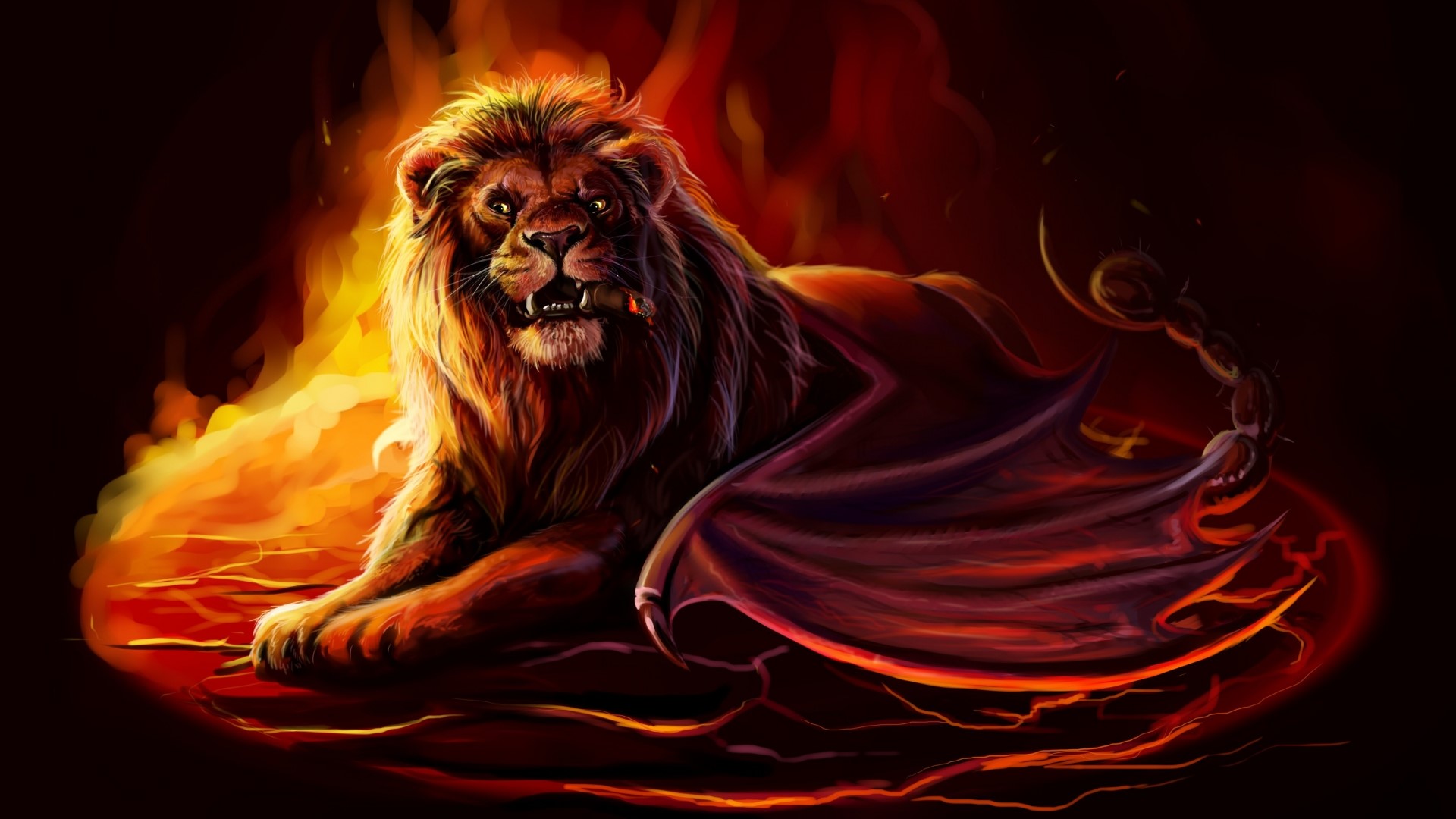 Fiery winged lion with scorpion tail HD Wallpaper