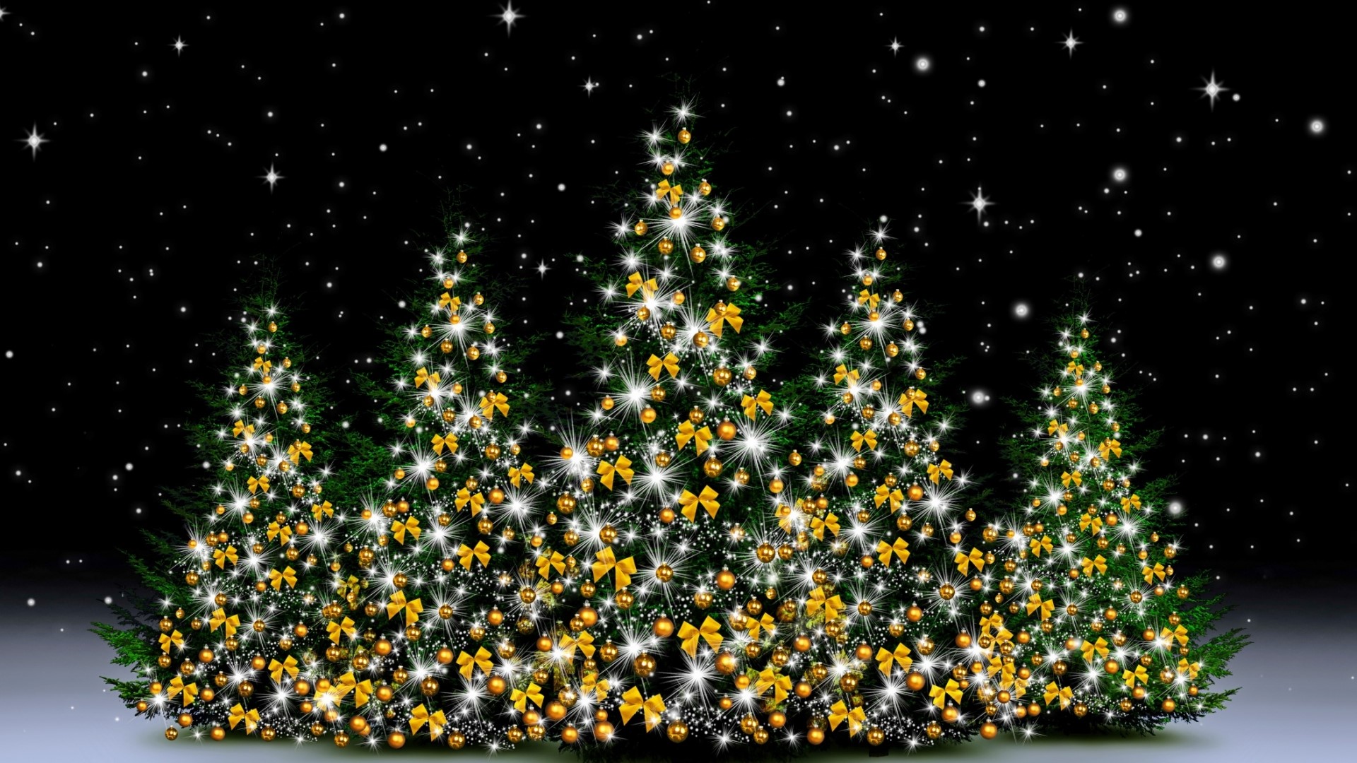 Decorated Christmas trees with lights and ornaments HD Wallpaper