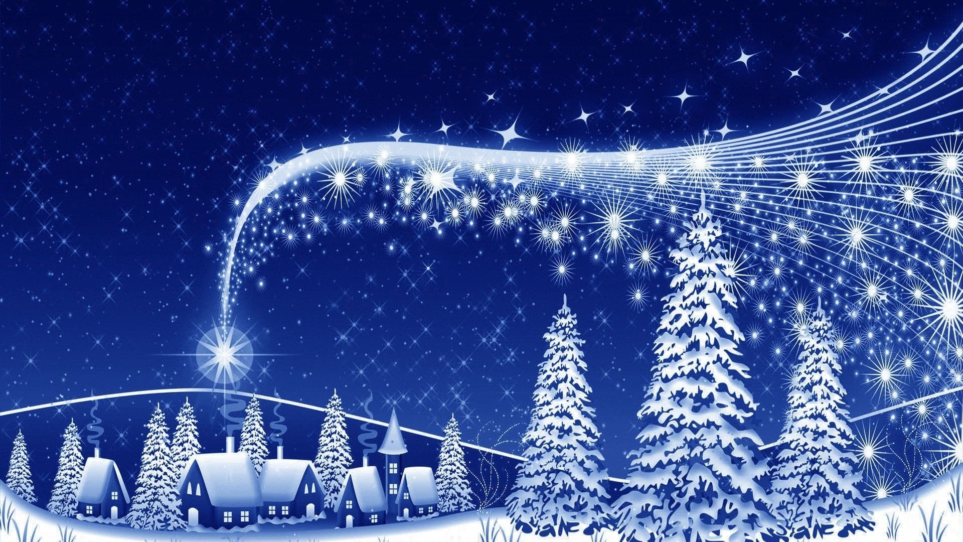 Winter night with shooting star over village HD Wallpaper