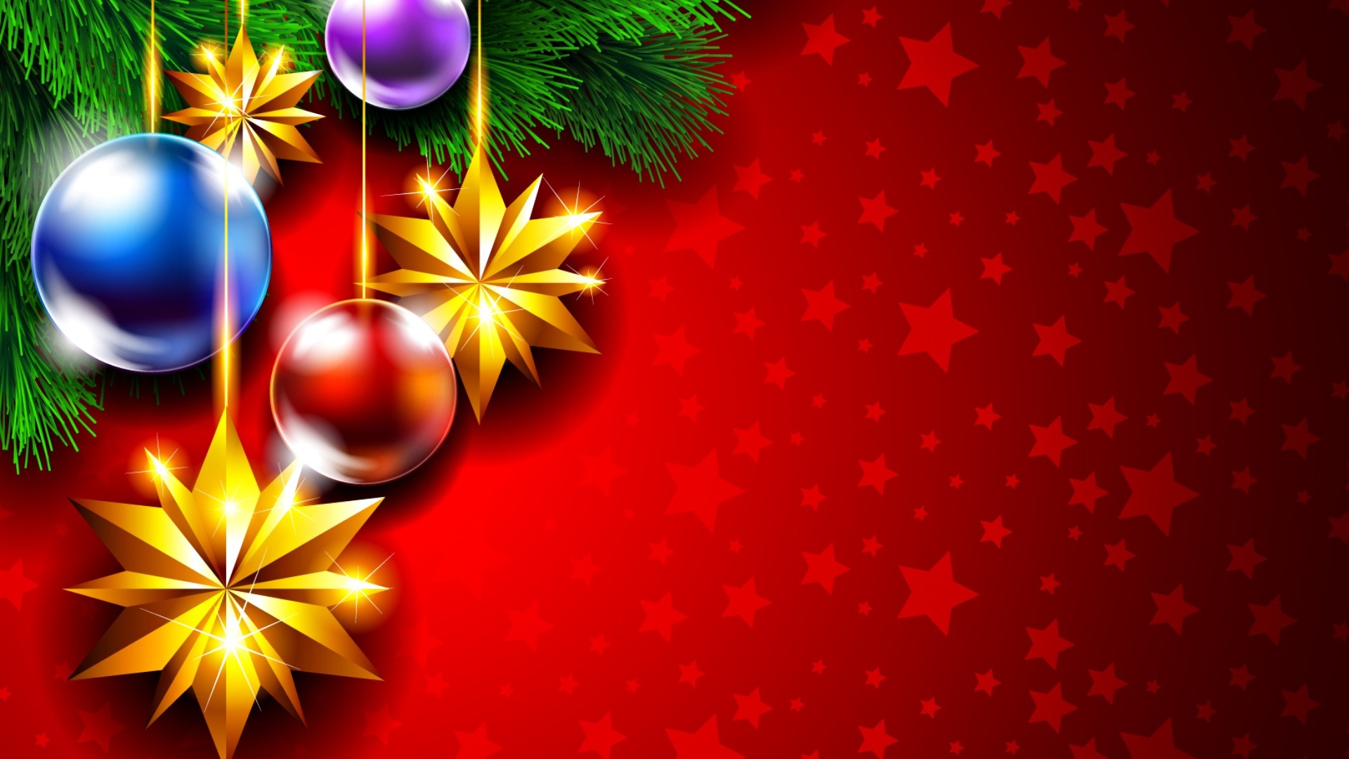 Christmas Ornaments and Pine Branches on Red Background HD Wallpaper