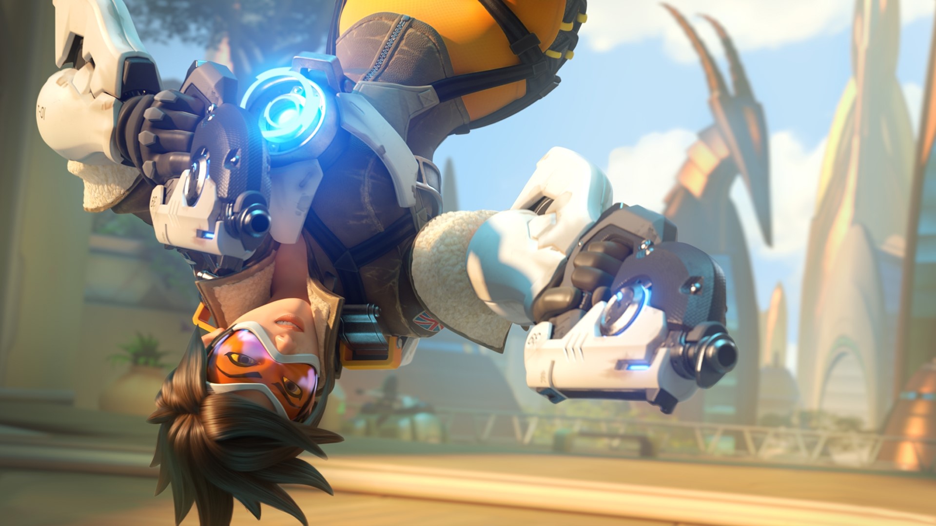 Tracer from Overwatch upside down with guns HD Wallpaper