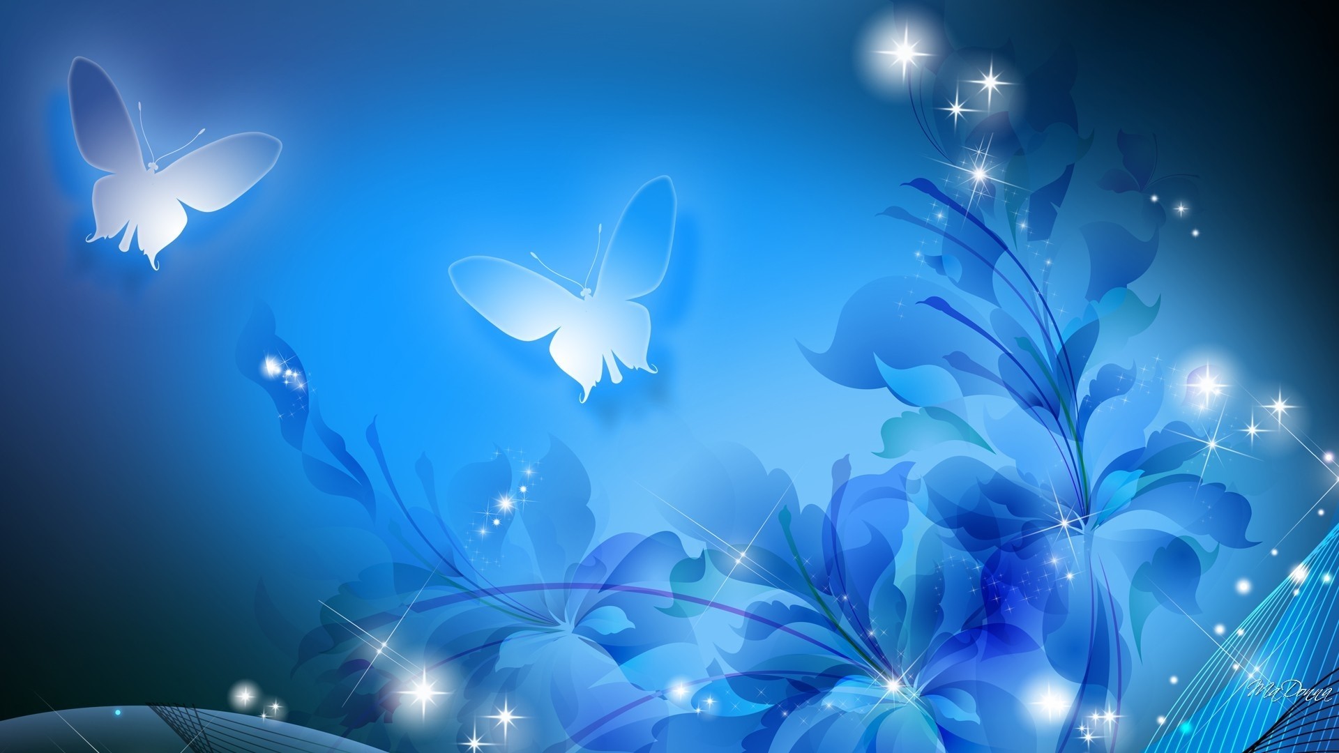 Blue Butterflies and Flowers with Sparkles HD Wallpaper