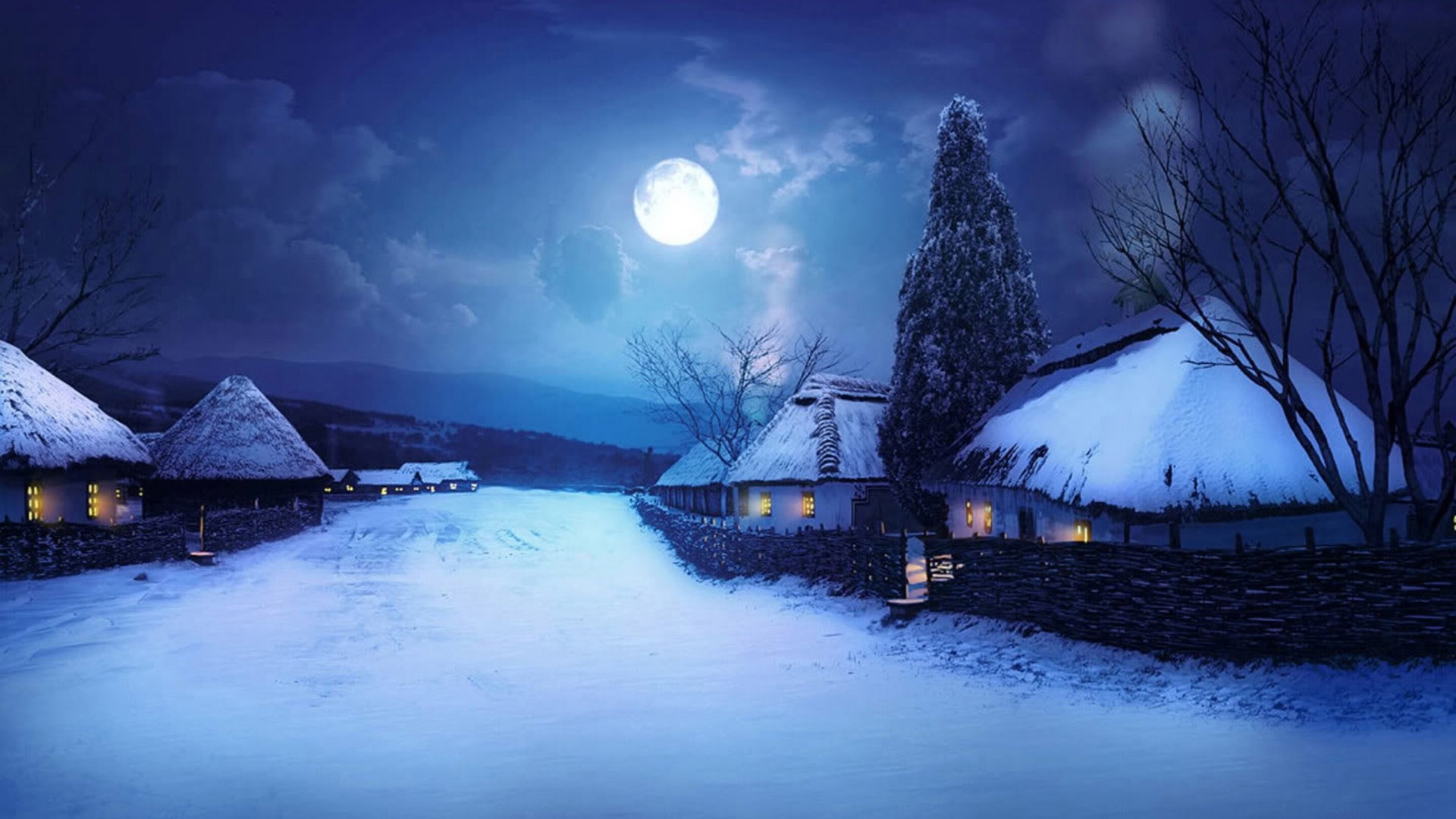 Winter village under the moonlight HD Wallpaper