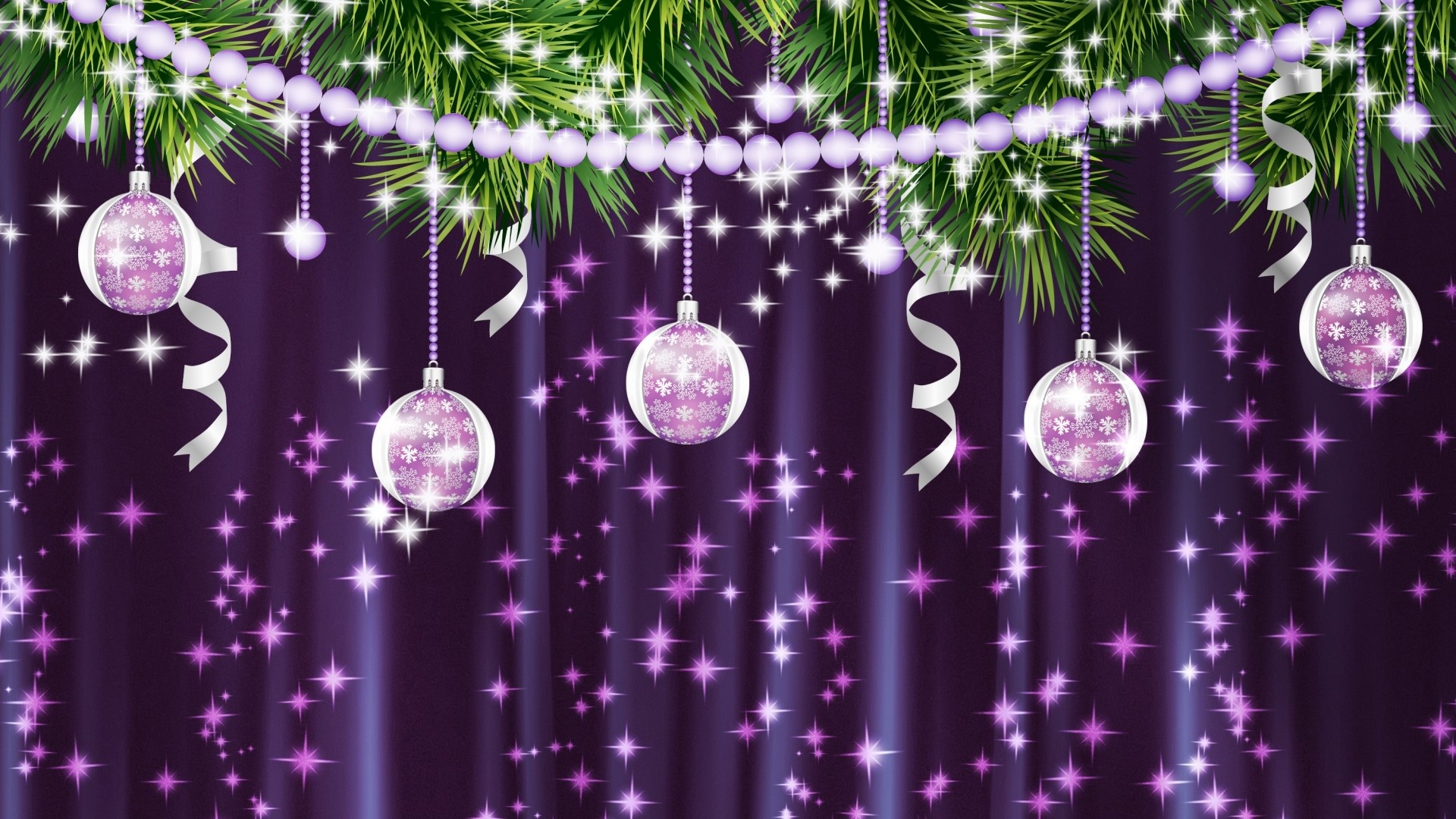 Christmas Ornaments and Pine Branches HD Wallpaper