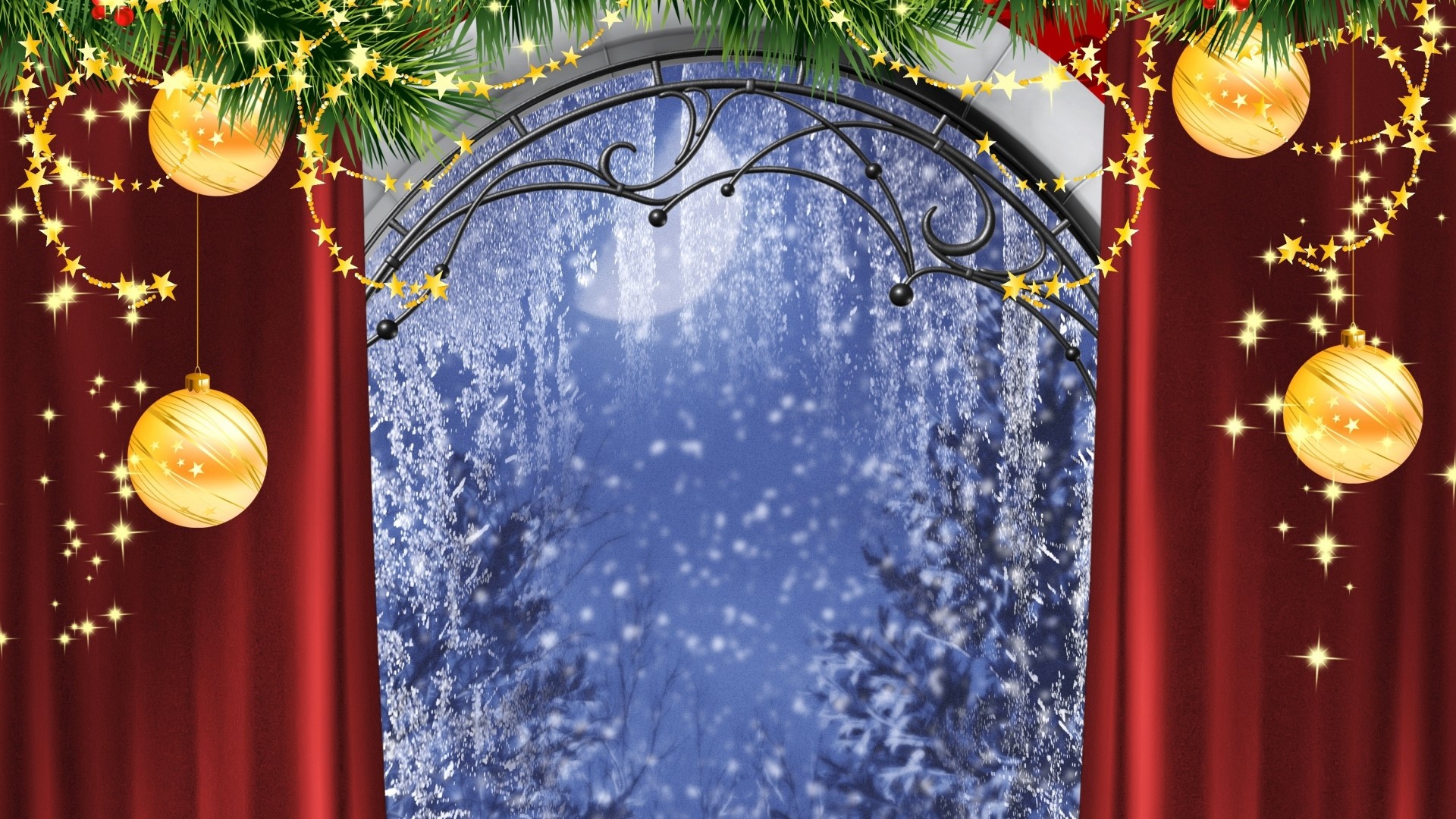 Christmas Decorations with Snowy Forest View HD Wallpaper