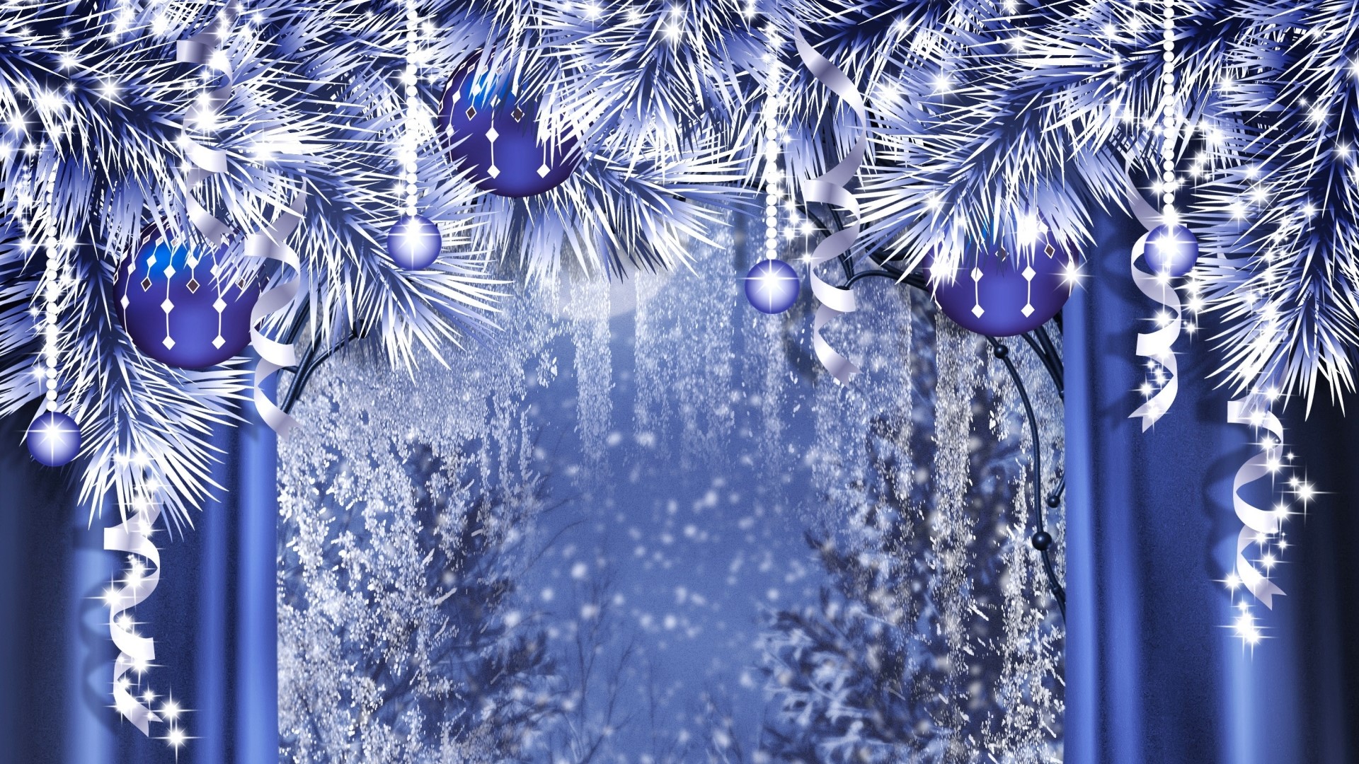 Christmas Decorations on Snowy Forest Background HD Wallpaper