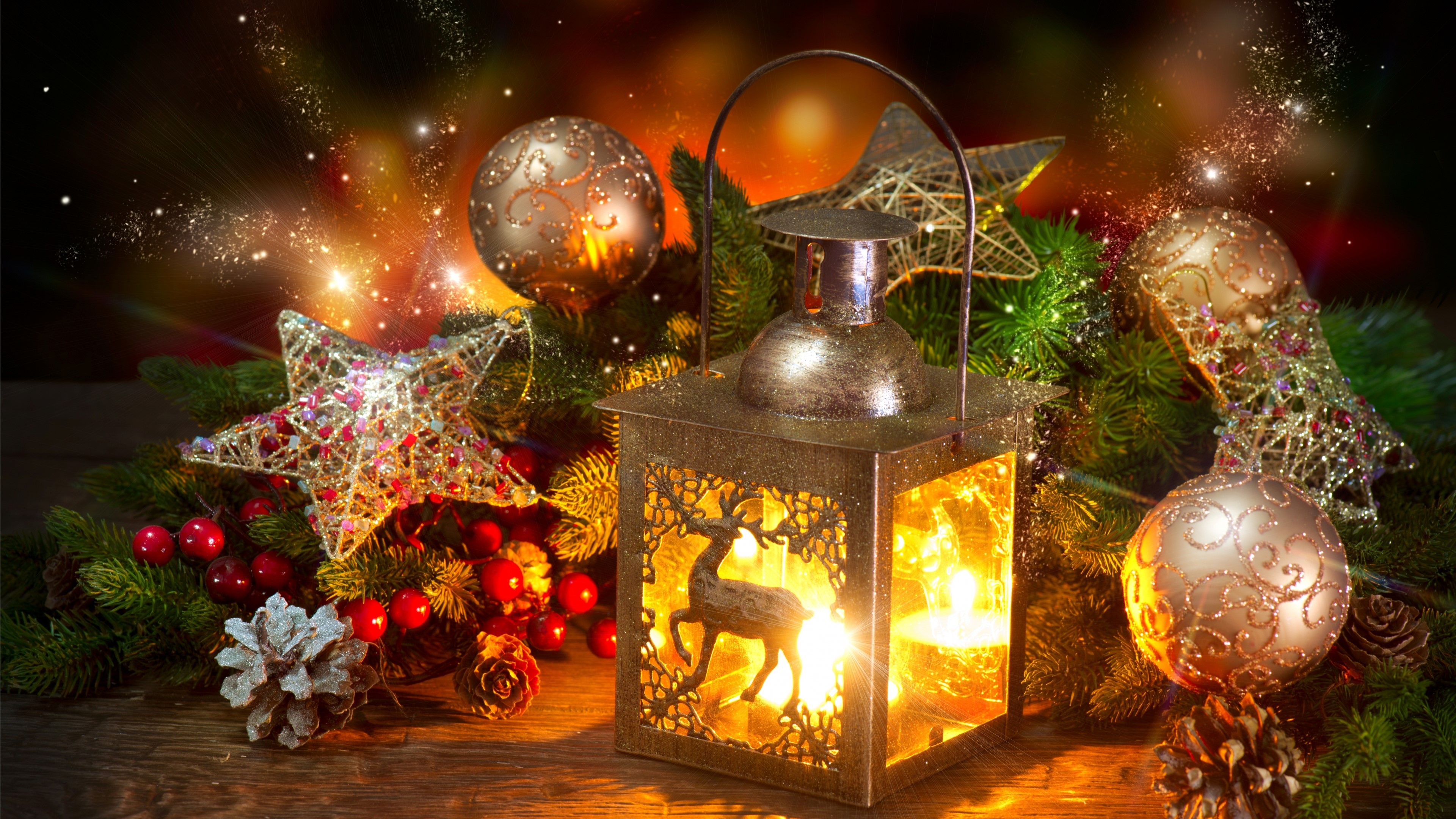 4K Christmas lantern with ornaments and pine cones HD Wallpaper