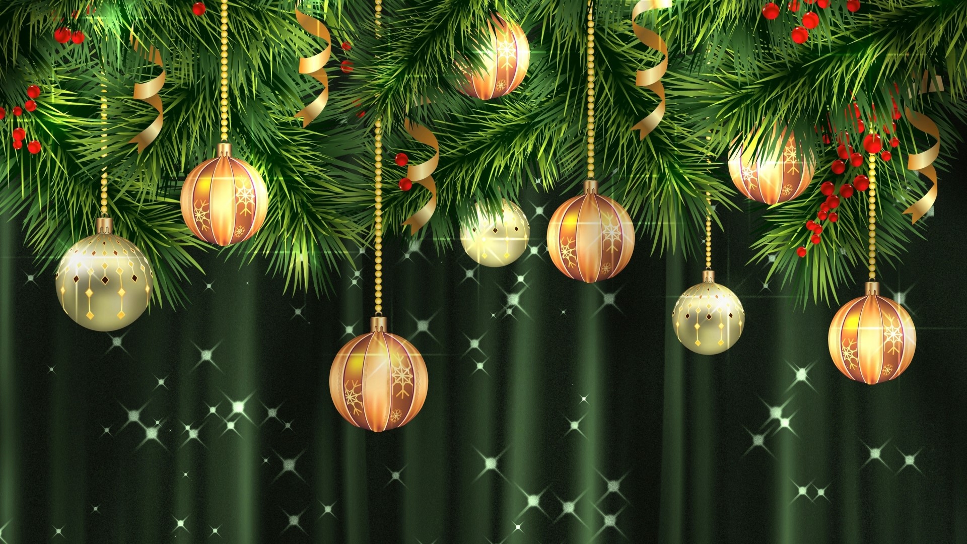 Christmas tree branches with ornaments and ribbons HD Wallpaper